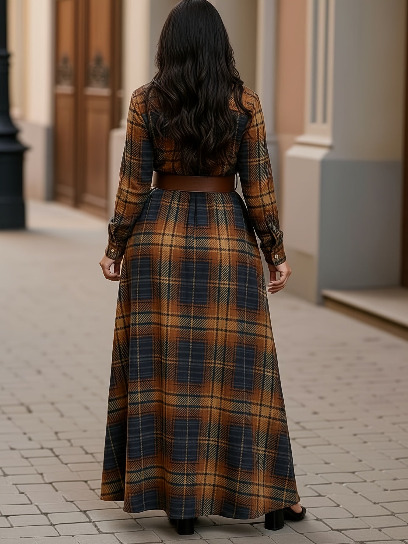 Brown plaid maxi dress by Toshe Womens Fashions featuring a relaxed fit, long sleeves, and a flowing silhouette.