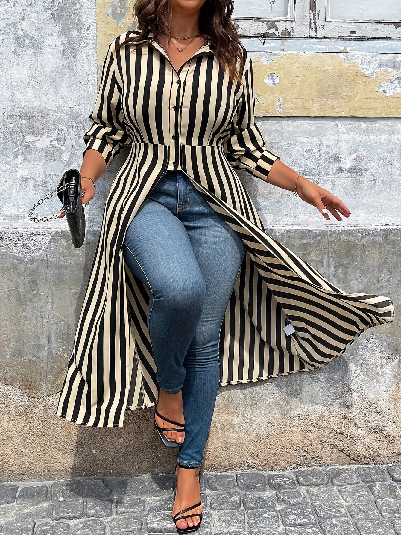 Collared Striped Button-Up Hi-Lo Blouse with Front Split