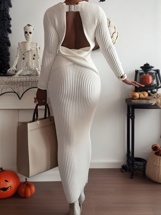 White ribbed bodycon dress with open back and buckle detail, stylish women's fashion by Toshe.