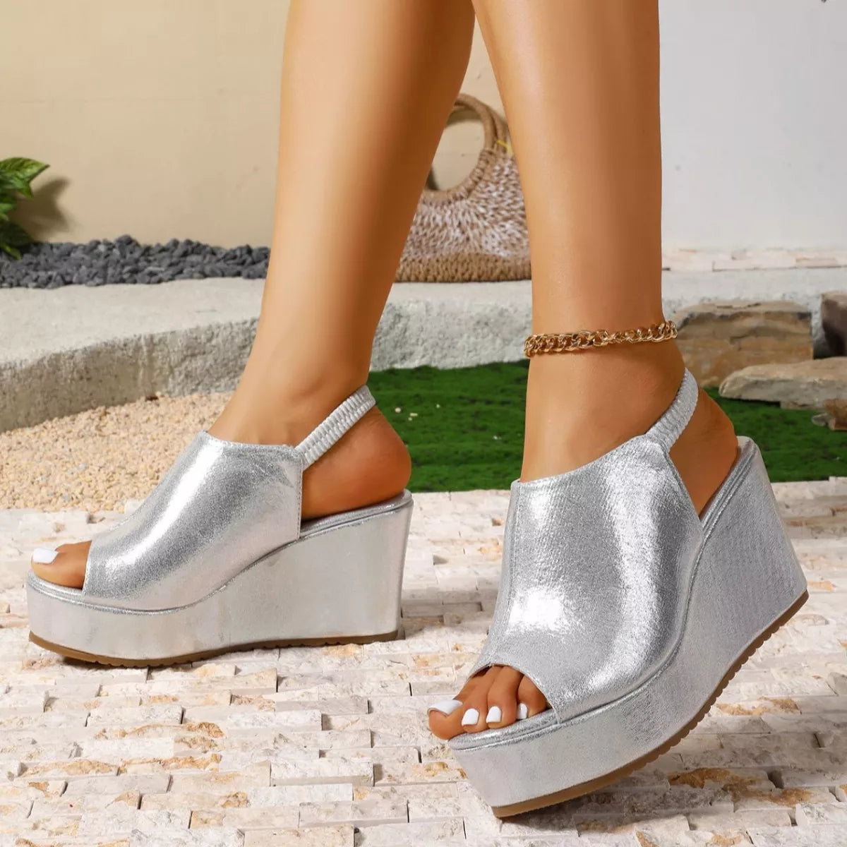 Trendsi peep toe wedge sandals with beige straps and chunky heel, stylish open-toe design for casual and summer wear.