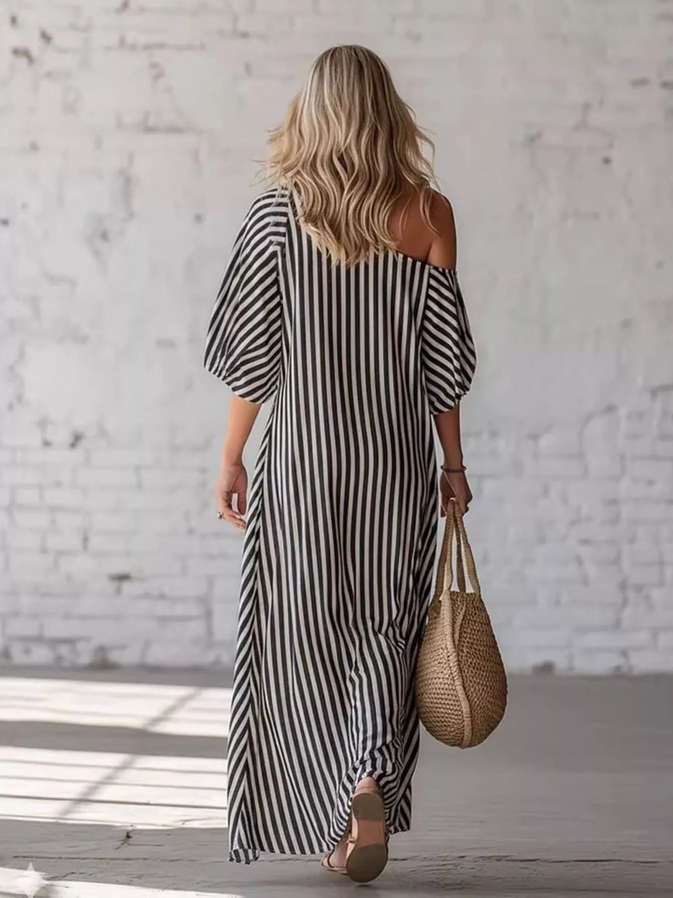 Striped one-shoulder maxi dress from Trendsi, flowing dress with bold horizontal stripes and elegant design.