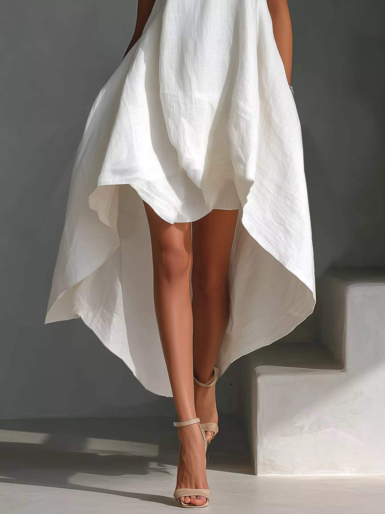 Sleeveless high-low round neck dress by Trendsi, featuring a flowing silhouette and stylish design, shown in this product image.