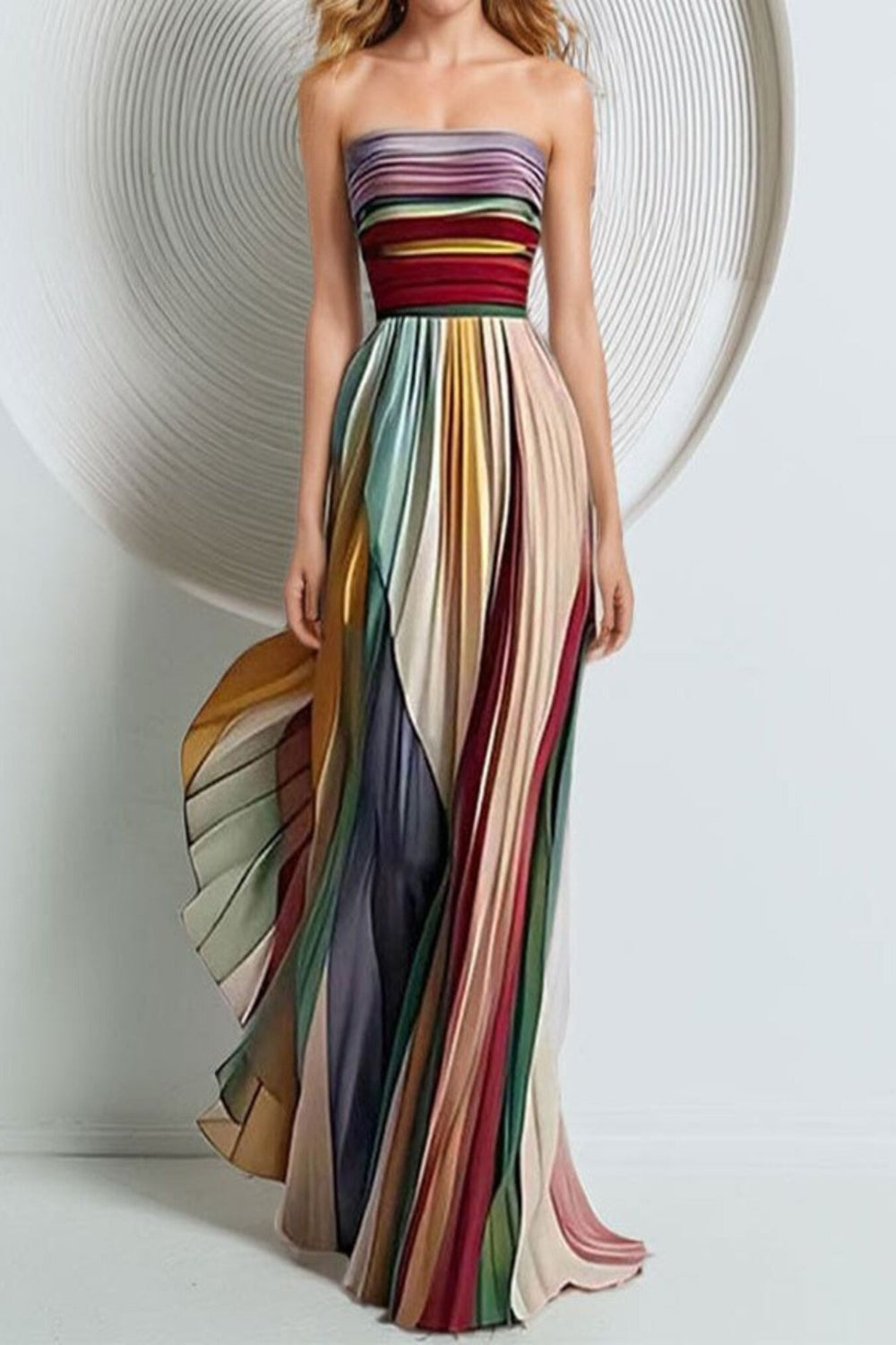 Striped pleated strapless maxi dress from Trendsi featuring a flowy design and bold vertical stripes.
