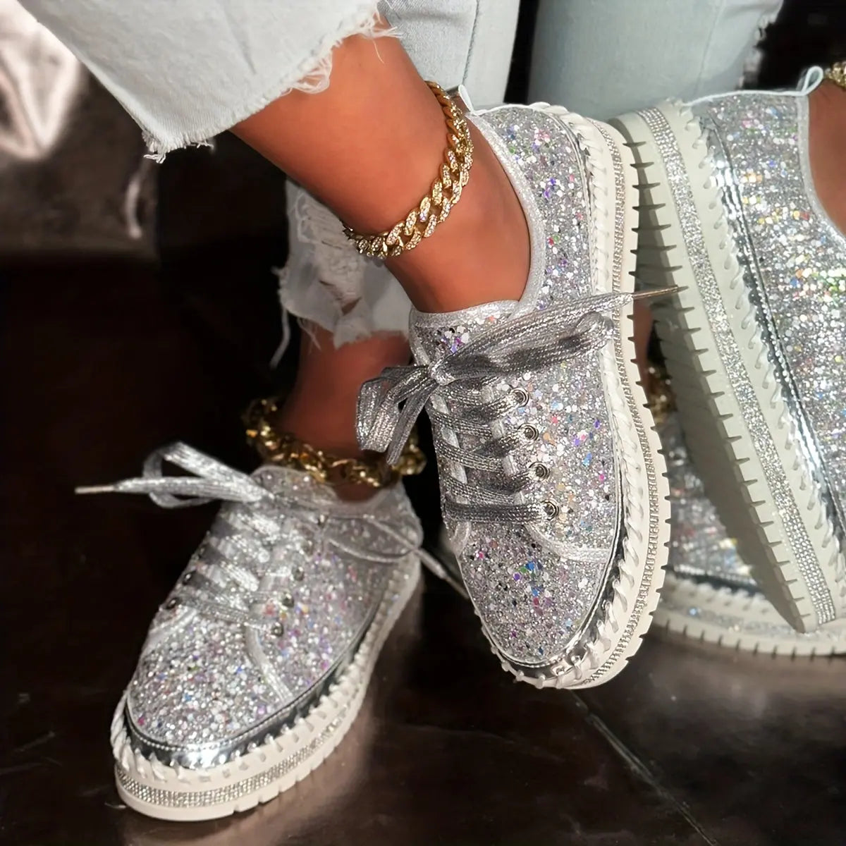 Rhinestone Glitter Low-Top Sneakers Toshe Women's Fashions