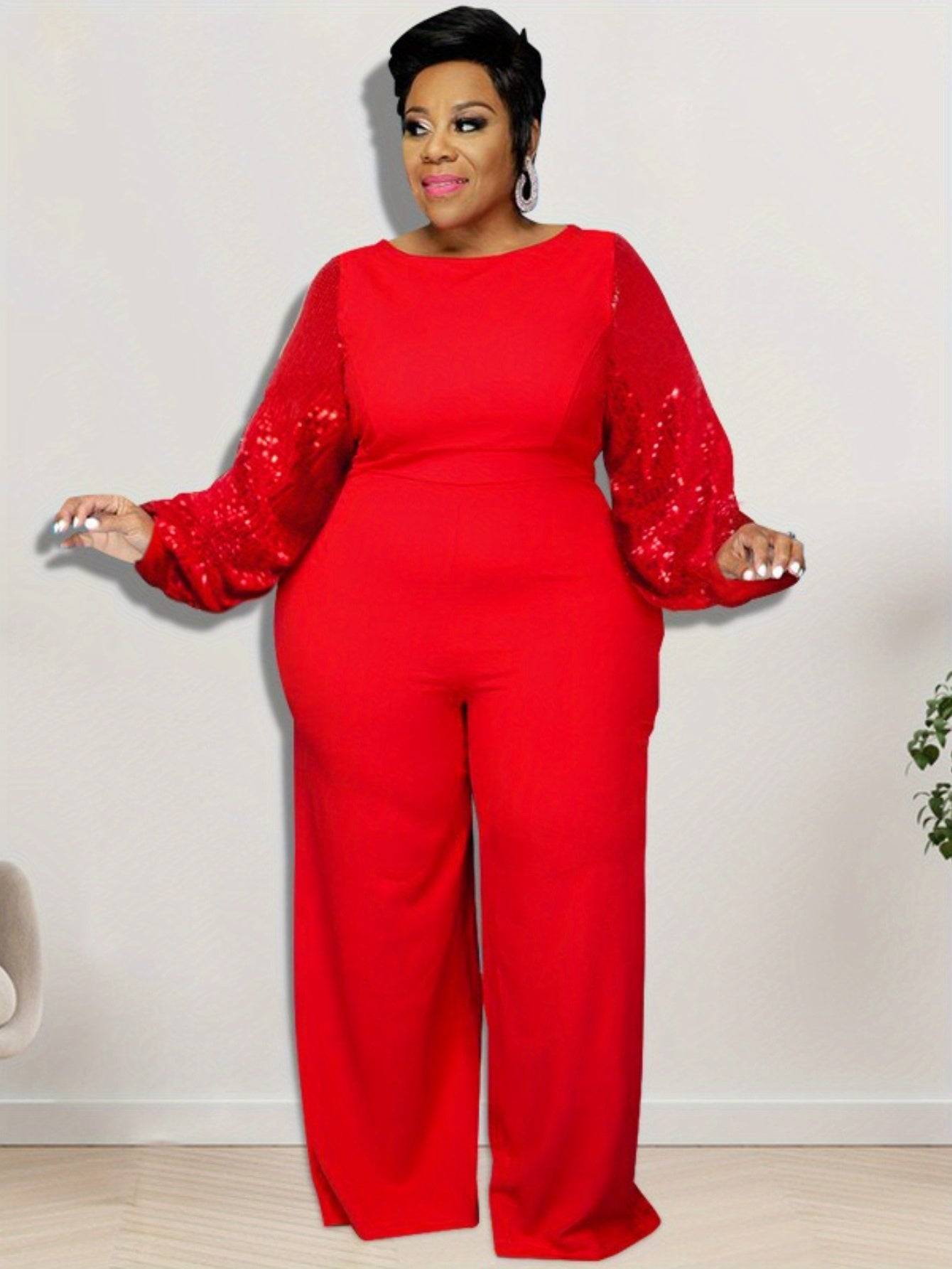 Elegant Sequin Sleeve Jumpsuit – Black One-Piece for Evening Glam