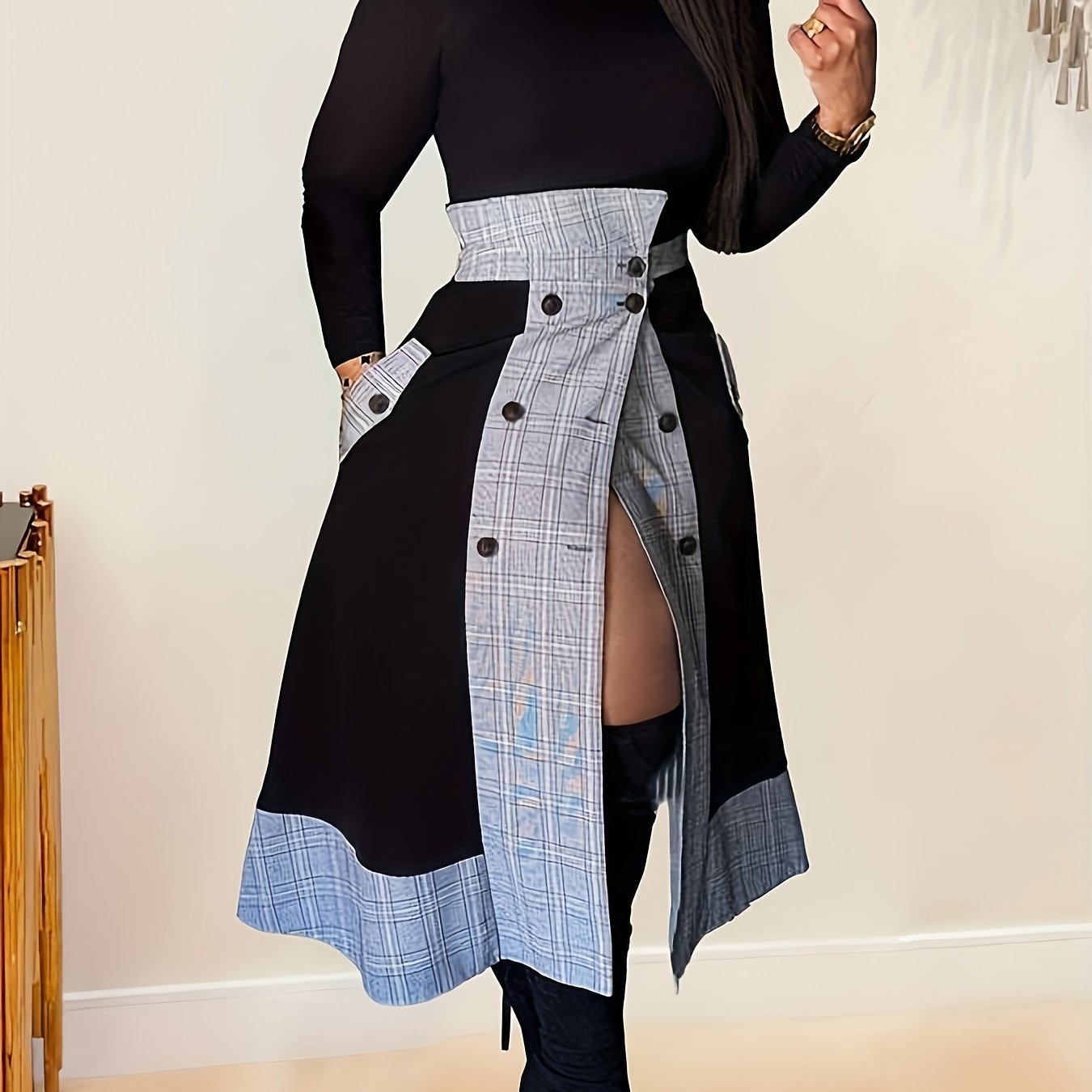 Mock Neck Long Sleeve Top & Plaid Skirt Set – Chic Two-Piece Outfit