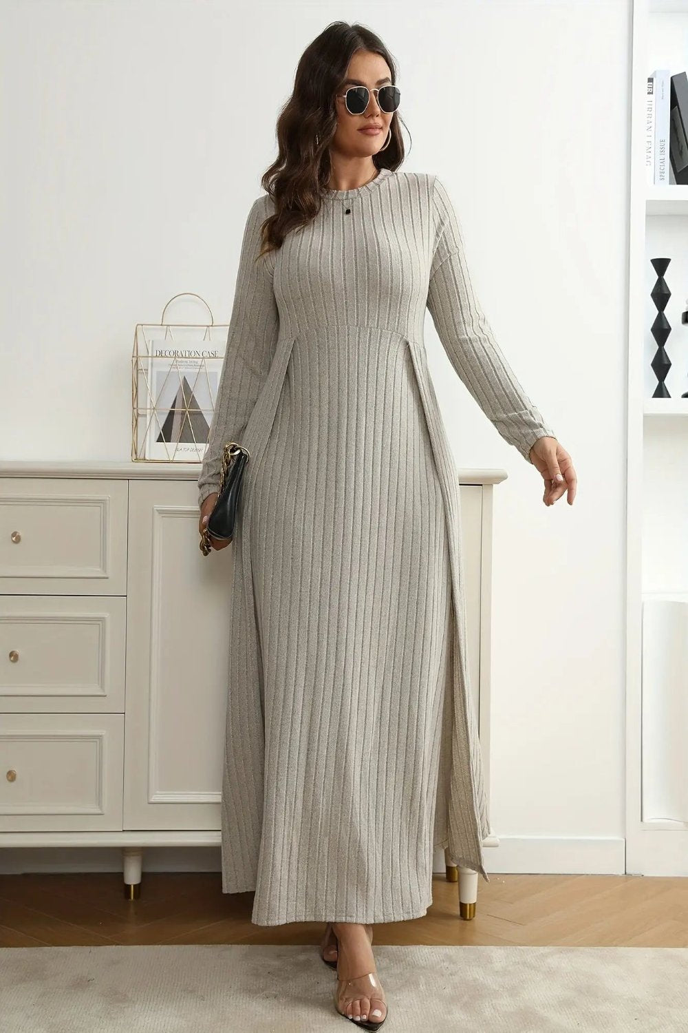 Grey Ribbed Split Waist Dress Ali Express