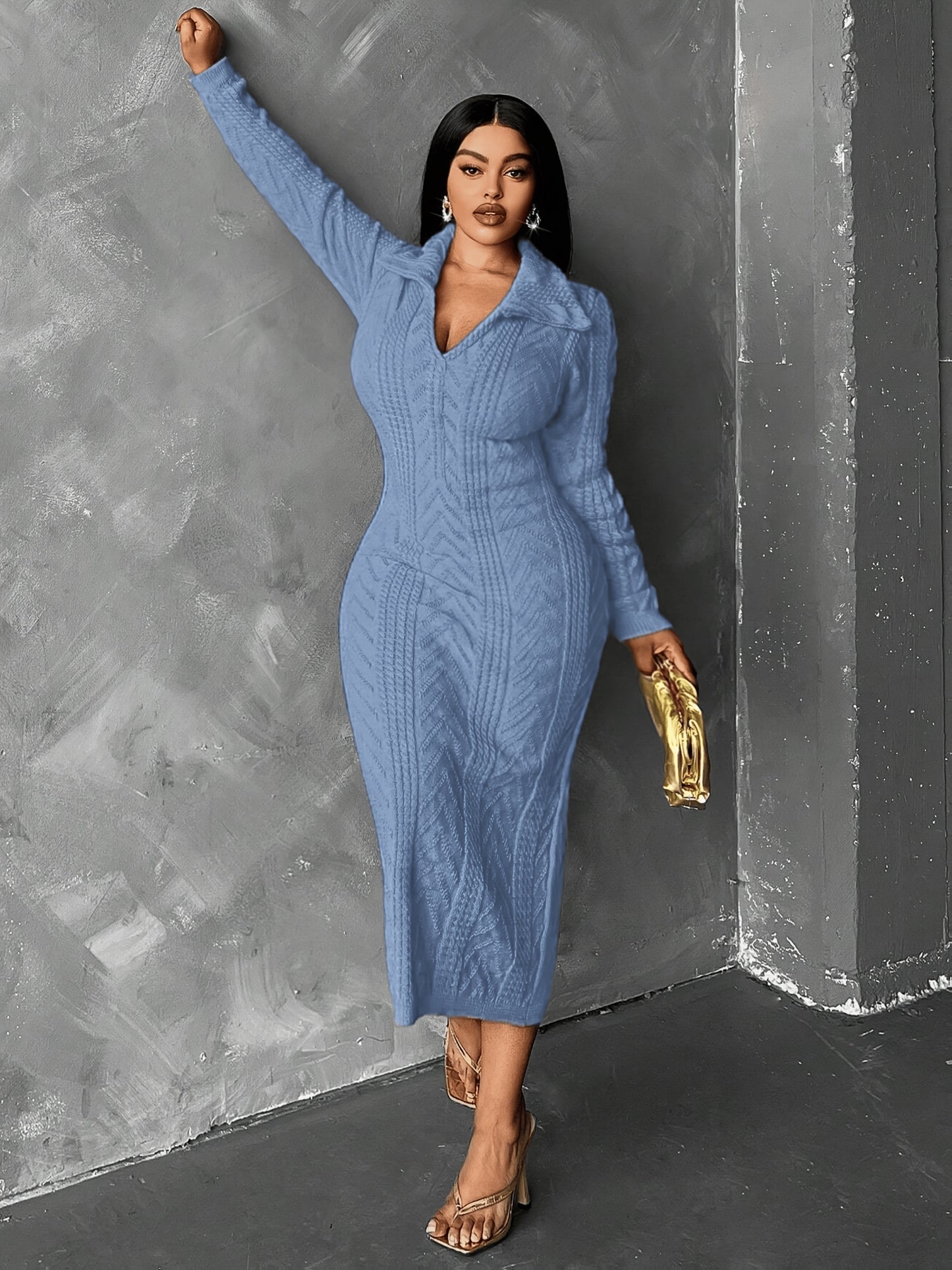 Blue Ribbed Sweater Dress – V-Neck, Collared, Long Sleeve Knit Dress for Women