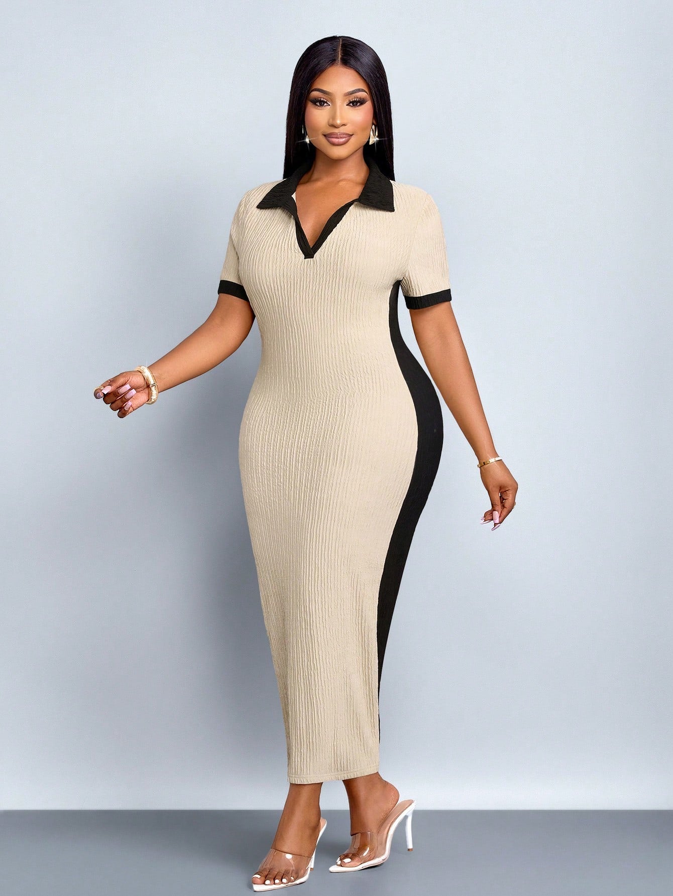 Sophisticated Charm Contrast-Collar Midi Dress – Effortless Elegance for Every Occasion