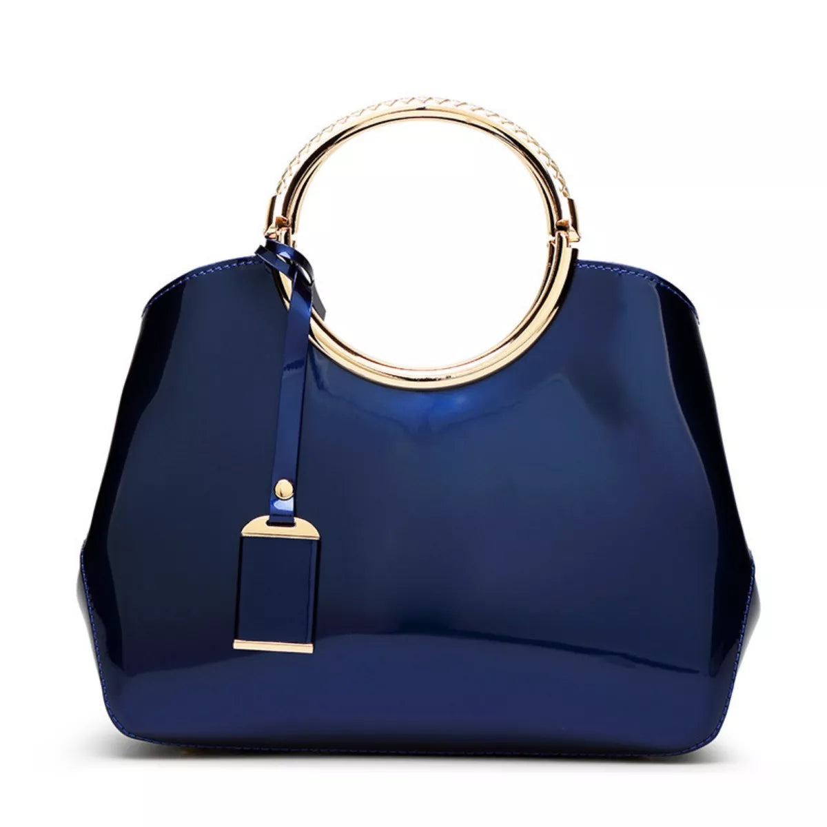 Glossy gold ring handle handbag with sleek design, featuring a structured shape and shiny finish, perfect for stylish accessories.