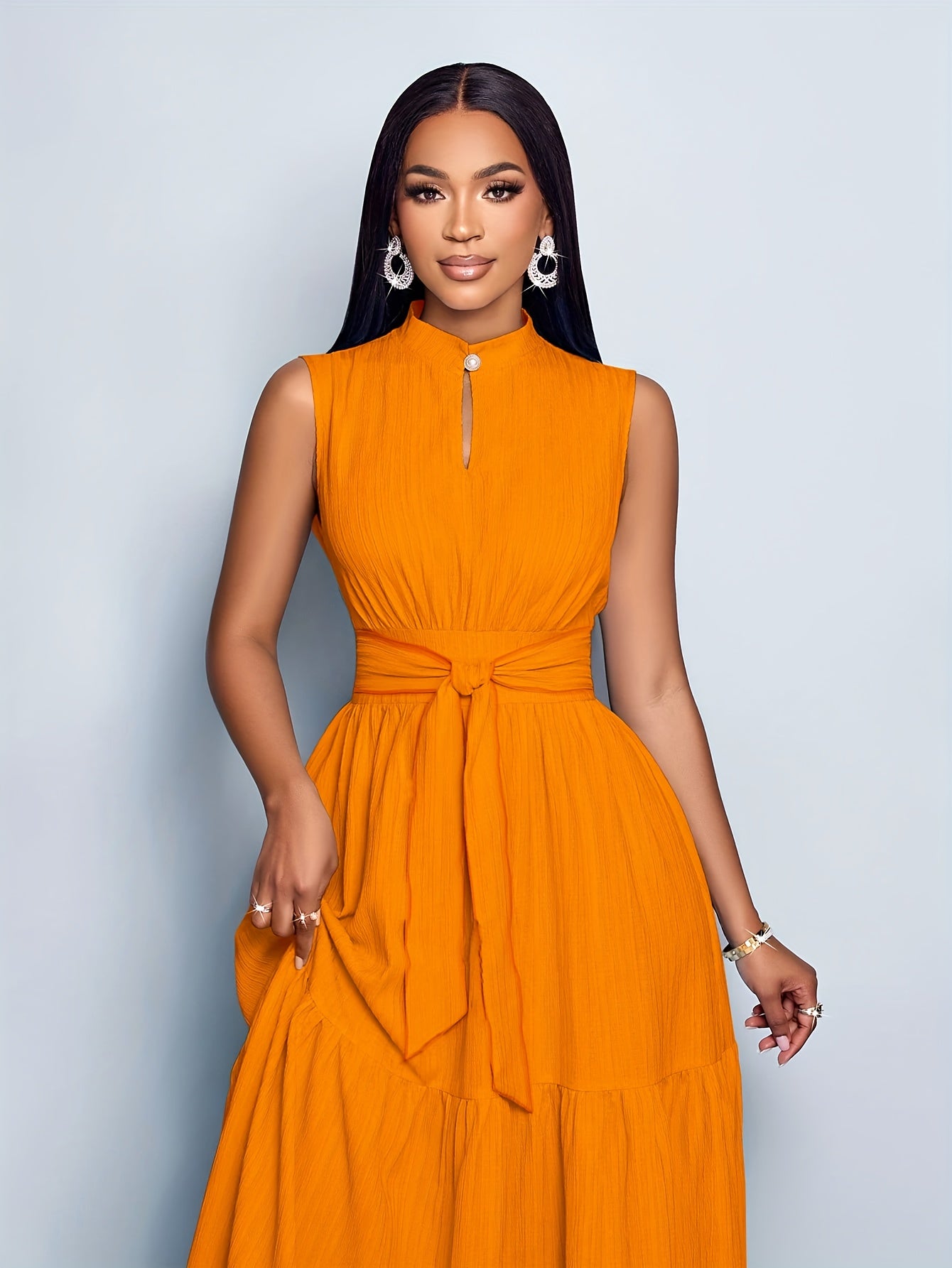 Textured Belted Summer Dress – Ruffled Hem & Lightweight Sleeveless Fit
