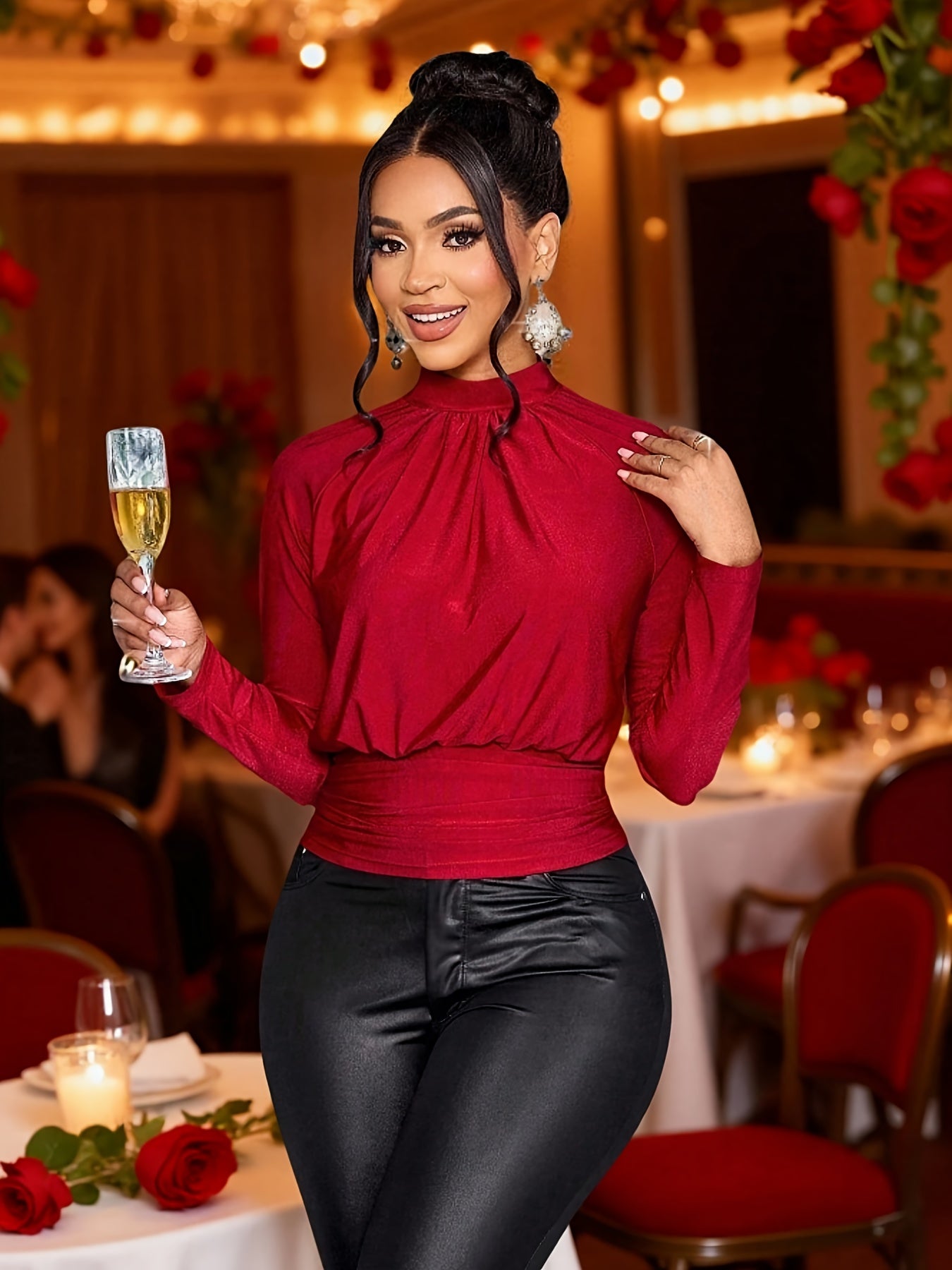 Red High-Neck Waist-Cinched Pleated Blouse