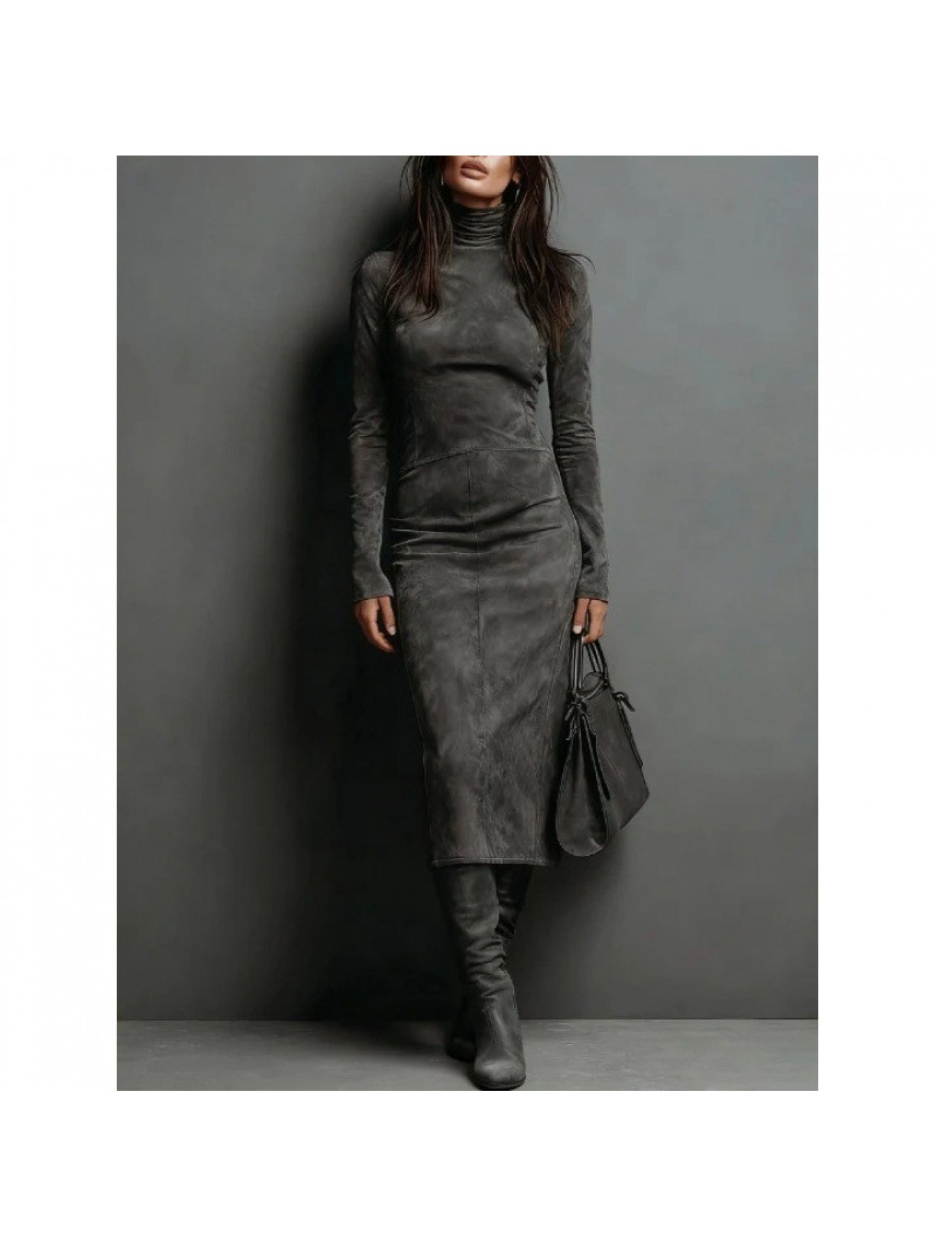 Faux Suede Bodycon Dress with High Neck