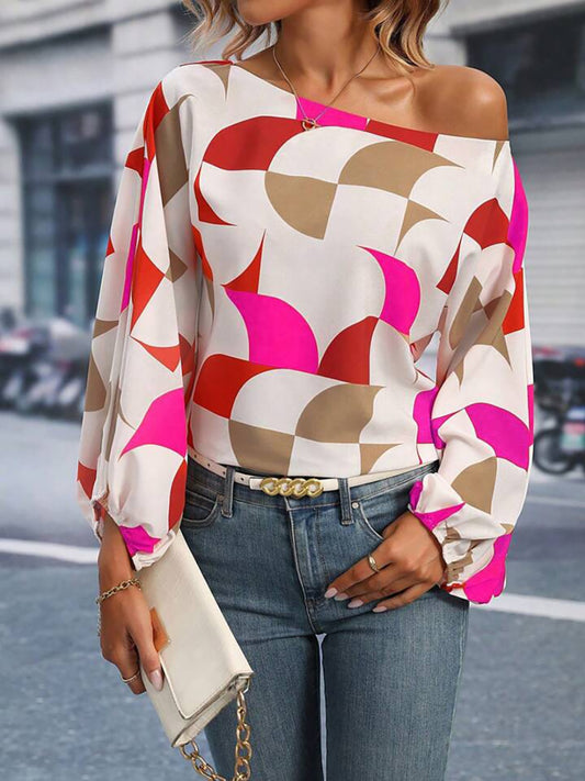 Printed One Shoulder Balloon Sleeve Blouse - Toshe Women's Fashions