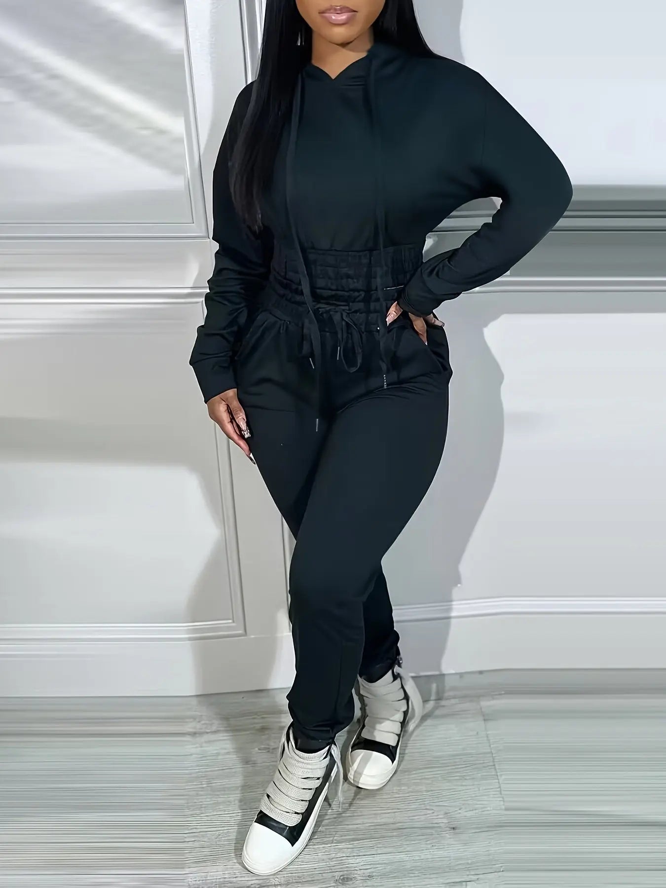 Hooded Crop Top and Shirred Waist Cuffed Jogger Set Toshe Women's Fashions
