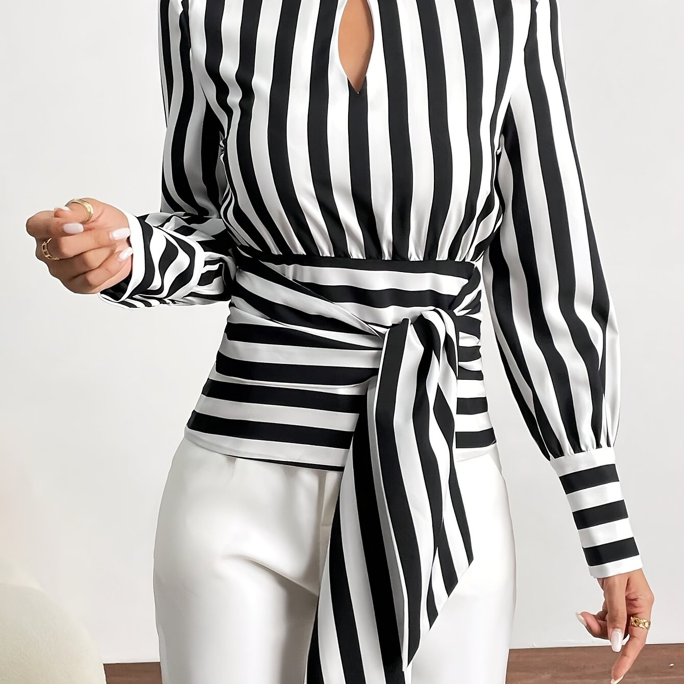 Elegant High-Neck Stripe Blouse – Adjustable Waist Tie, Long Sleeves & Smooth Fabric
