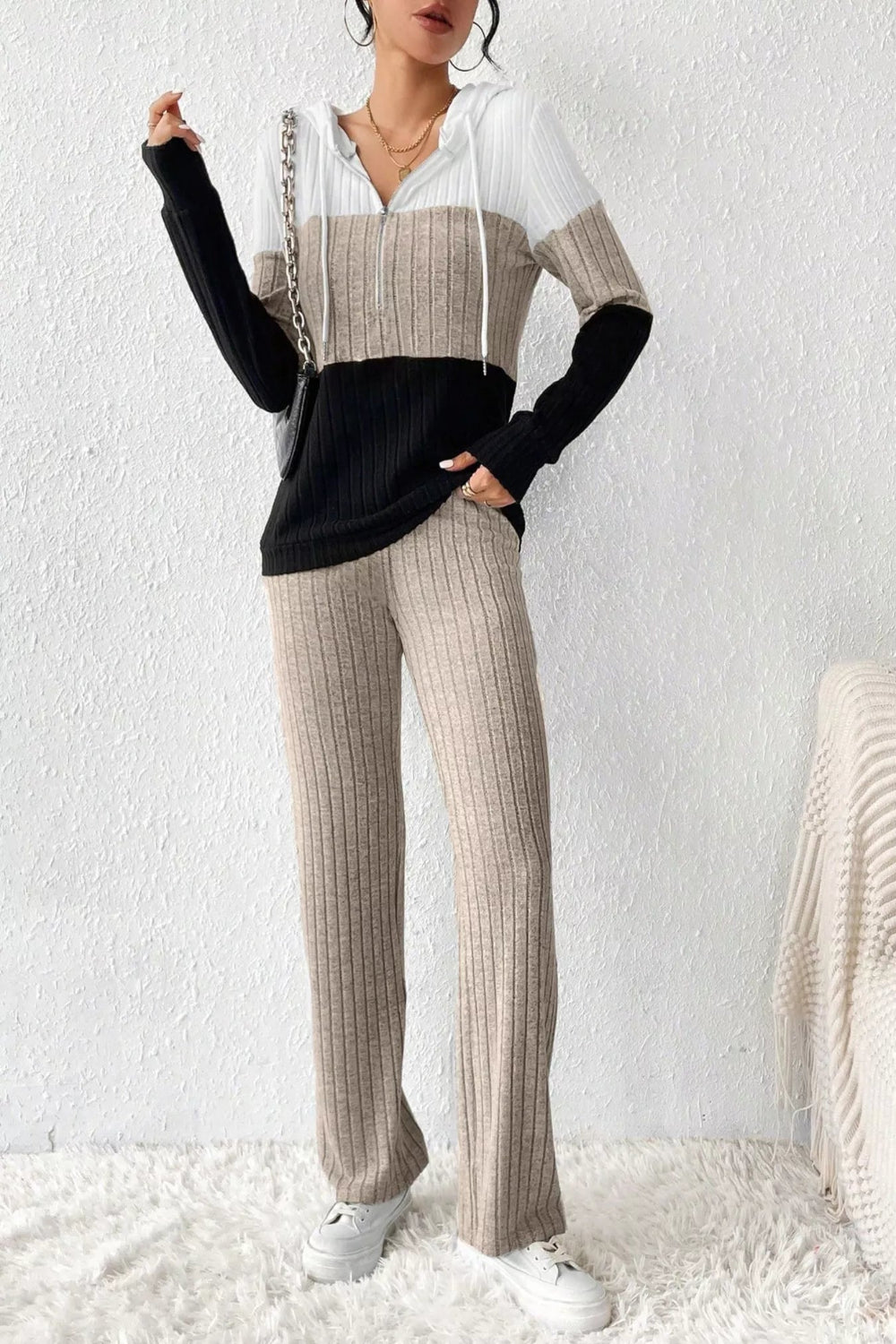 Color block half zip hooded top and matching pants set by Trendsi, with bold color blocking and casual fit.