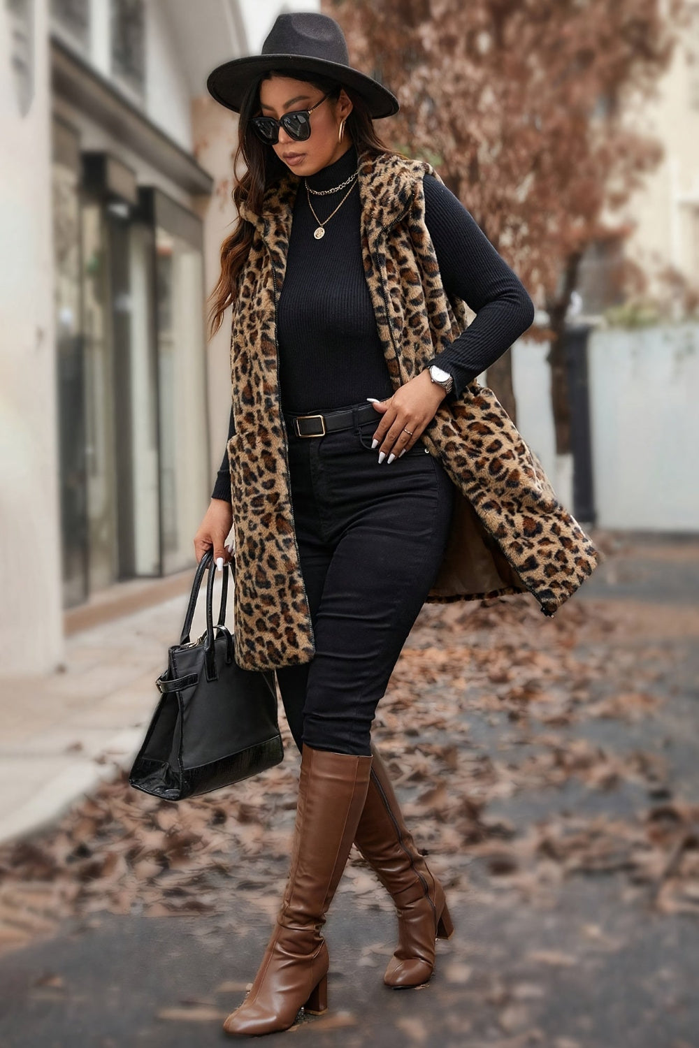 Leopard Print Faux Rabbit Fur Sleeveless Vest