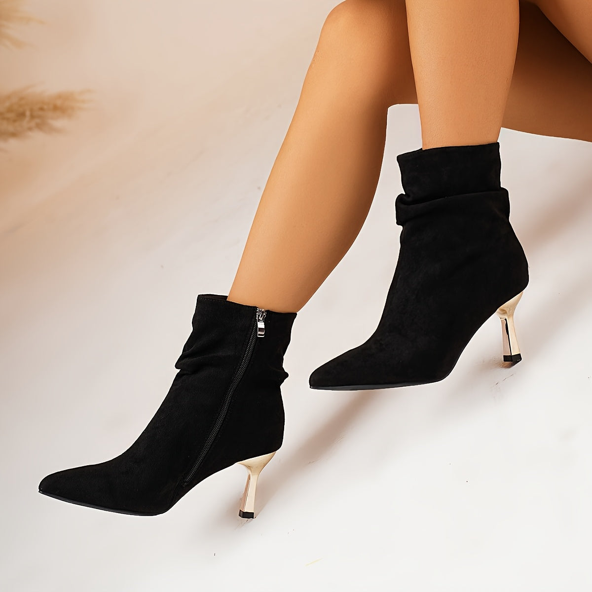 Faux Suede Stiletto Gold Heel Ankle Boots