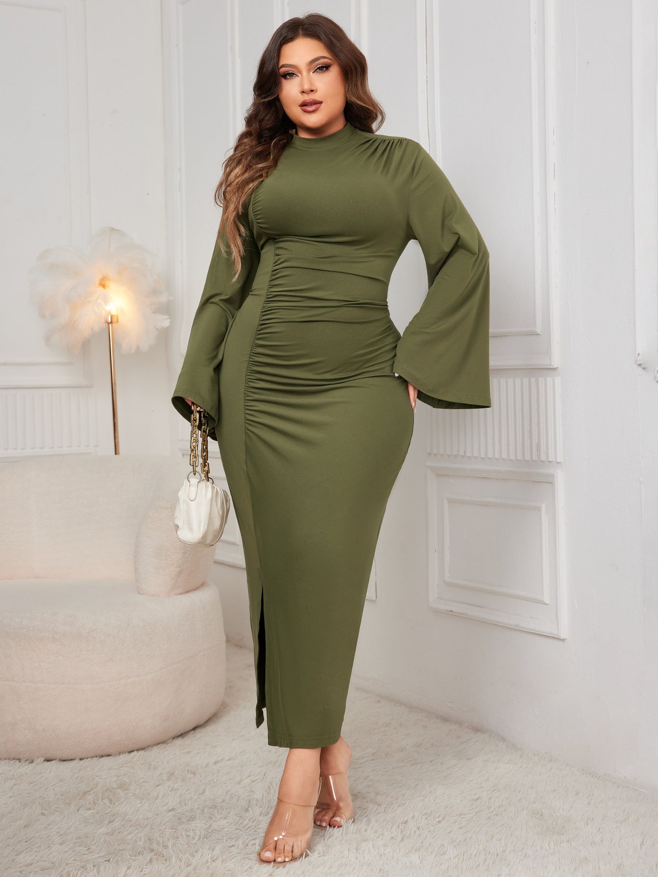 High-Neck Laterned Sleeve Hemmed Split Dress