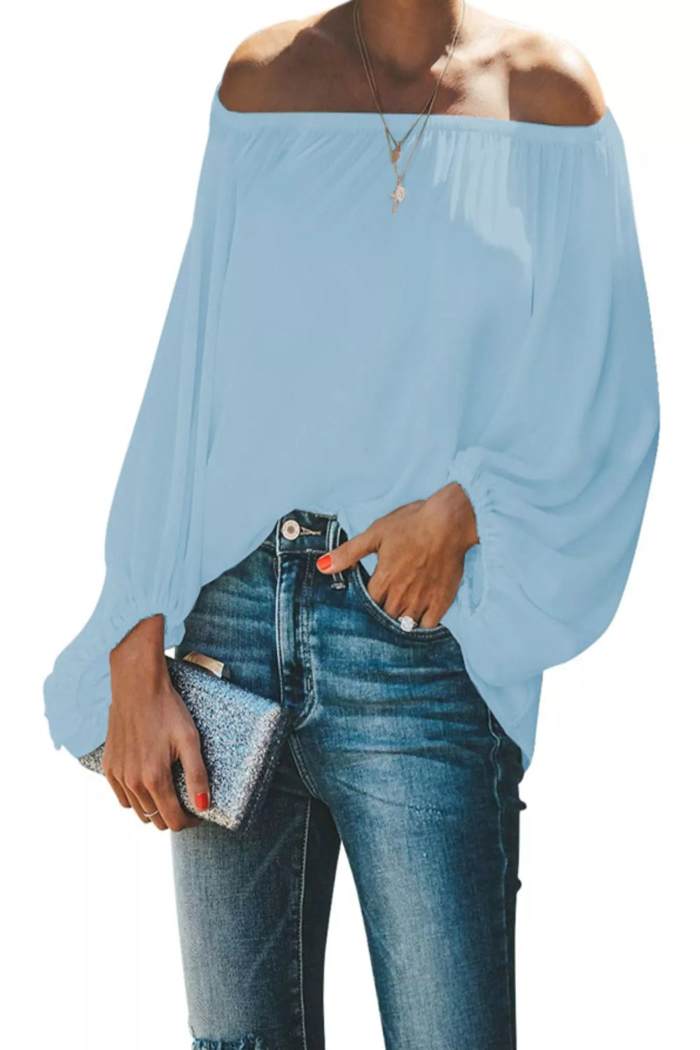 Off-shoulder balloon sleeve blouse from Trendsi, stylish tops and blouses with puffed sleeves and a relaxed fit.
