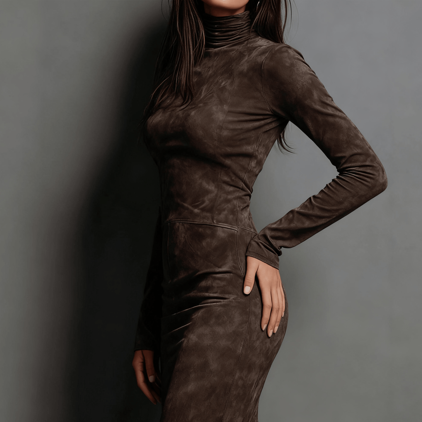 Faux Suede Bodycon Dress with High Neck