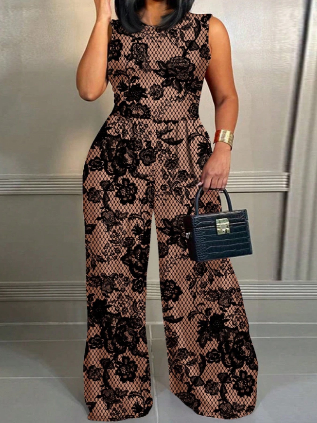 Black Floral Wide-Leg Jumpsuit – Elegant Sleeveless One-Piece Outfit