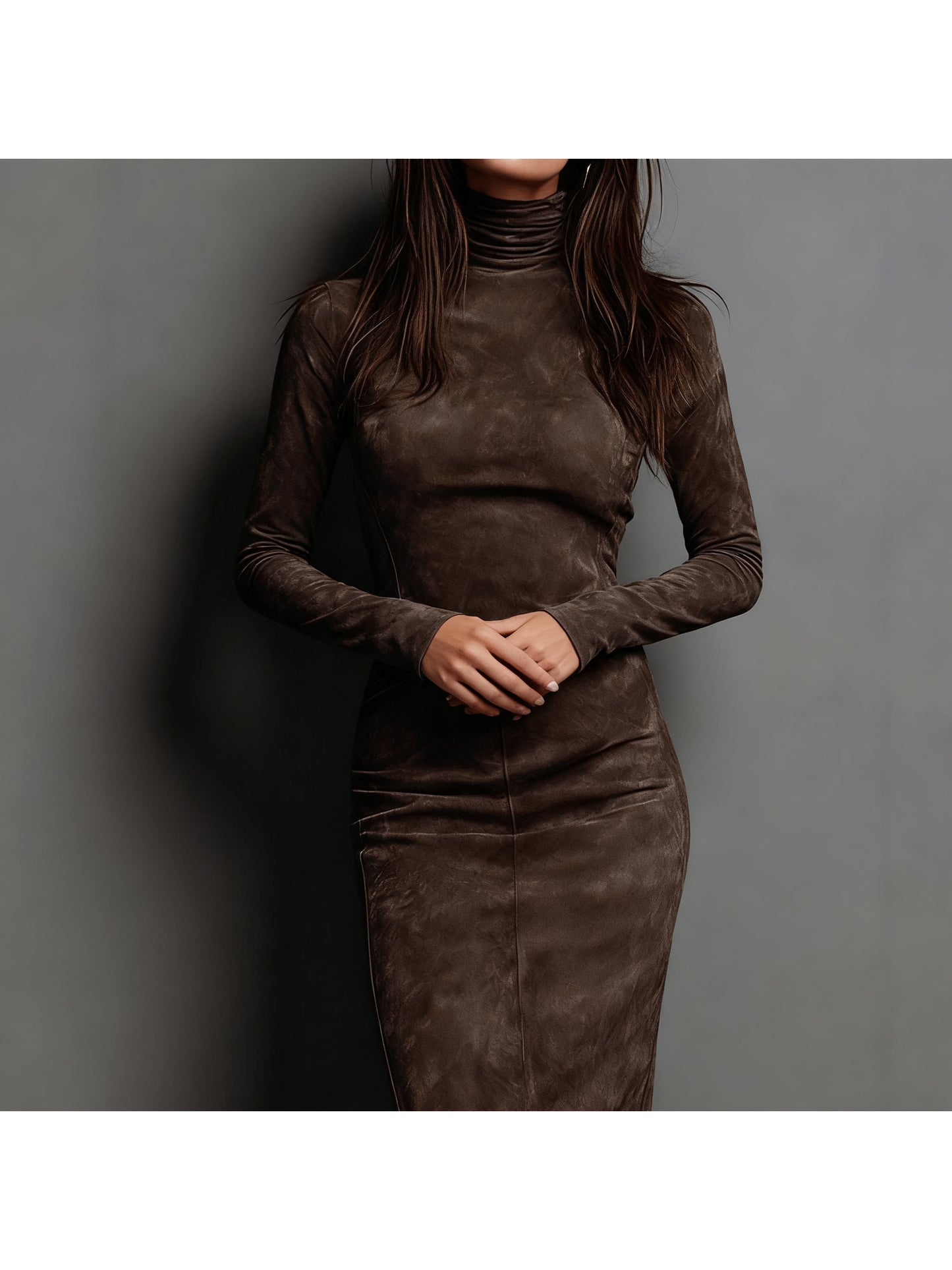 Faux Suede Bodycon Dress with High Neck