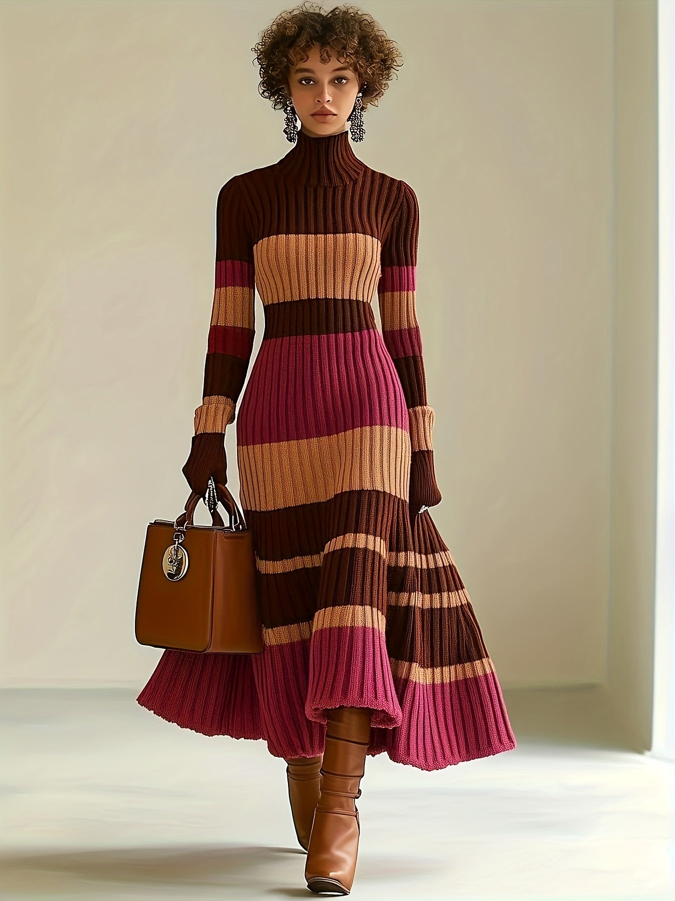 Color Block Ribbed Knit Turtleneck Dress – Sleek, Cozy & Bold