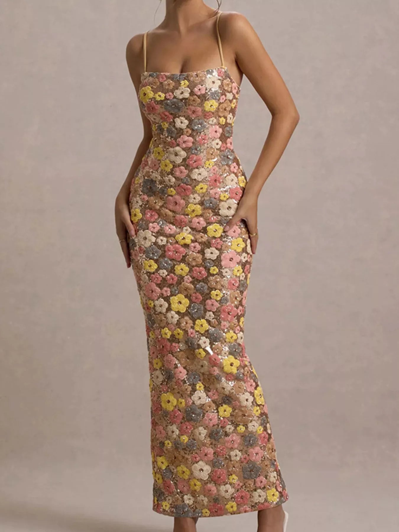Floral sequin embellished bodycon maxi dress for after 5 occasions, featuring a fitted silhouette and elegant design.