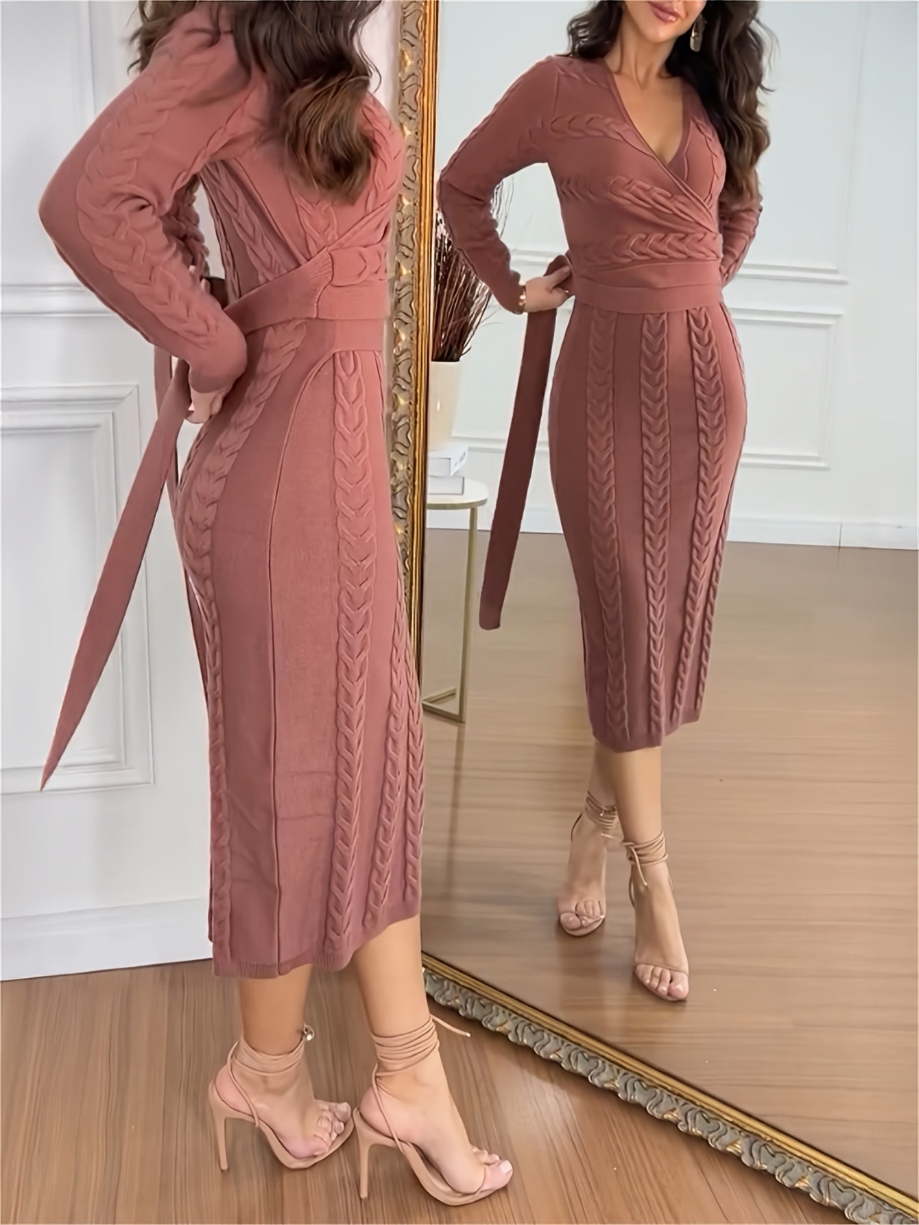 Cable-Knit V-Neck Tie-Waist Sweater Dress