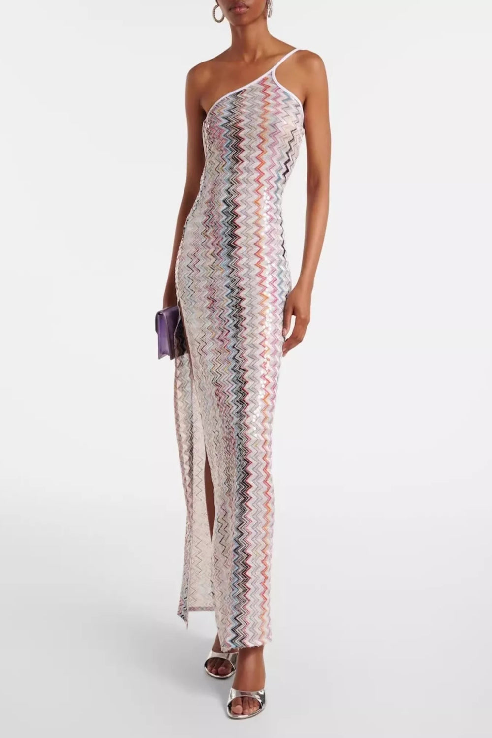 Backless sleeveless maxi dress with zigzag pattern and slit, featuring a trendy design from Trendsi.
