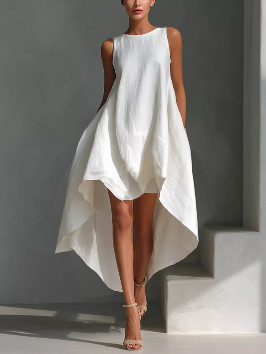 Sleeveless high-low round neck dress from Trendsi featuring a flowing silhouette and stylish design.