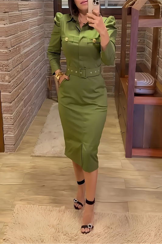 Green Gold Button Accent with Side Zipper Belted Dress