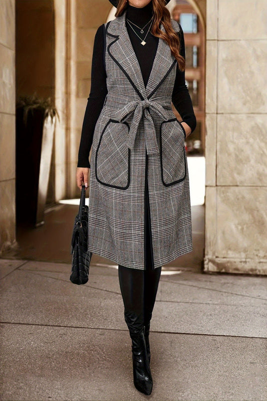 British Style Plaid Sleeveless Belted Long Vest