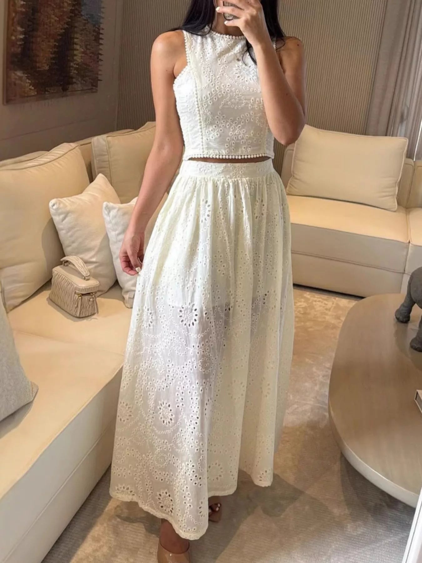 Trendsi eyelet crop top and maxi skirt set, stylish matching skirt set with eyelet details and soft fabric, perfect for summer wear.
