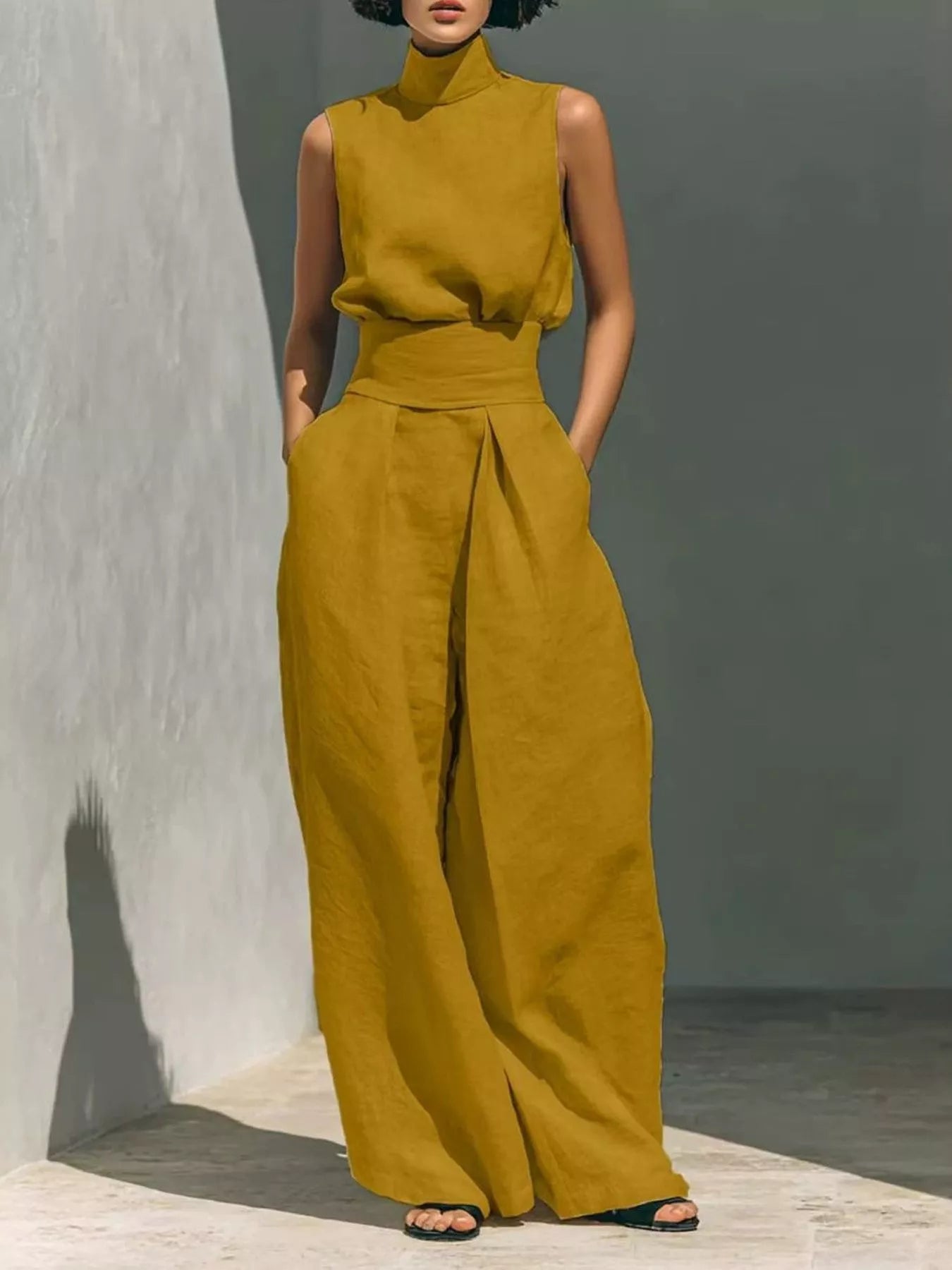 Trendsi high neck sleeveless top and wide-leg pants set, stylish 2-piece outfit, shown in a sleek, modern design.