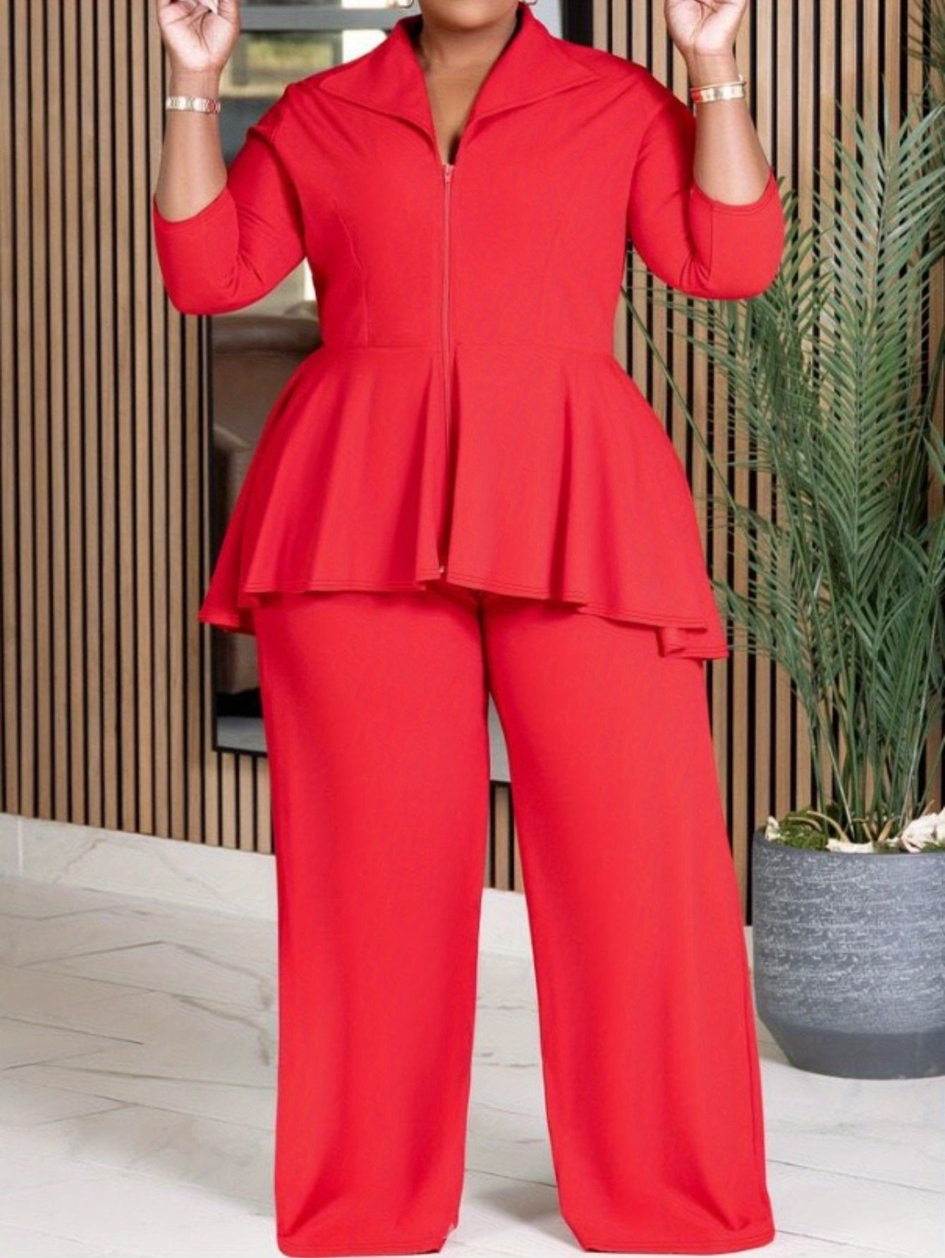 Collared Lapel Zipper Flare Waist Top & Wide-Leg Pants Set