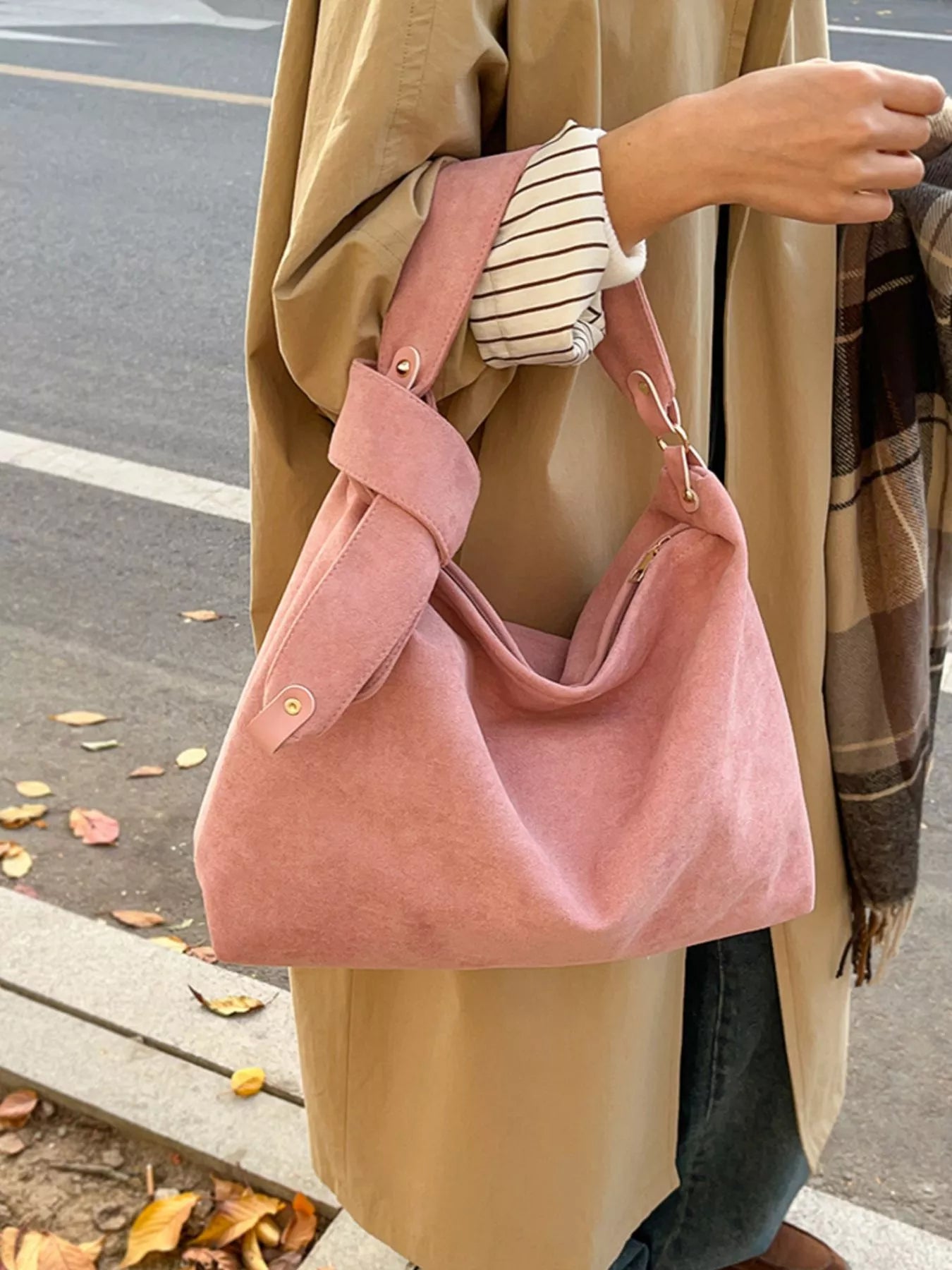 Suede Trendsi hobo shoulder handbag with soft, tan material and slouchy design, featuring a single shoulder strap and minimalist style.