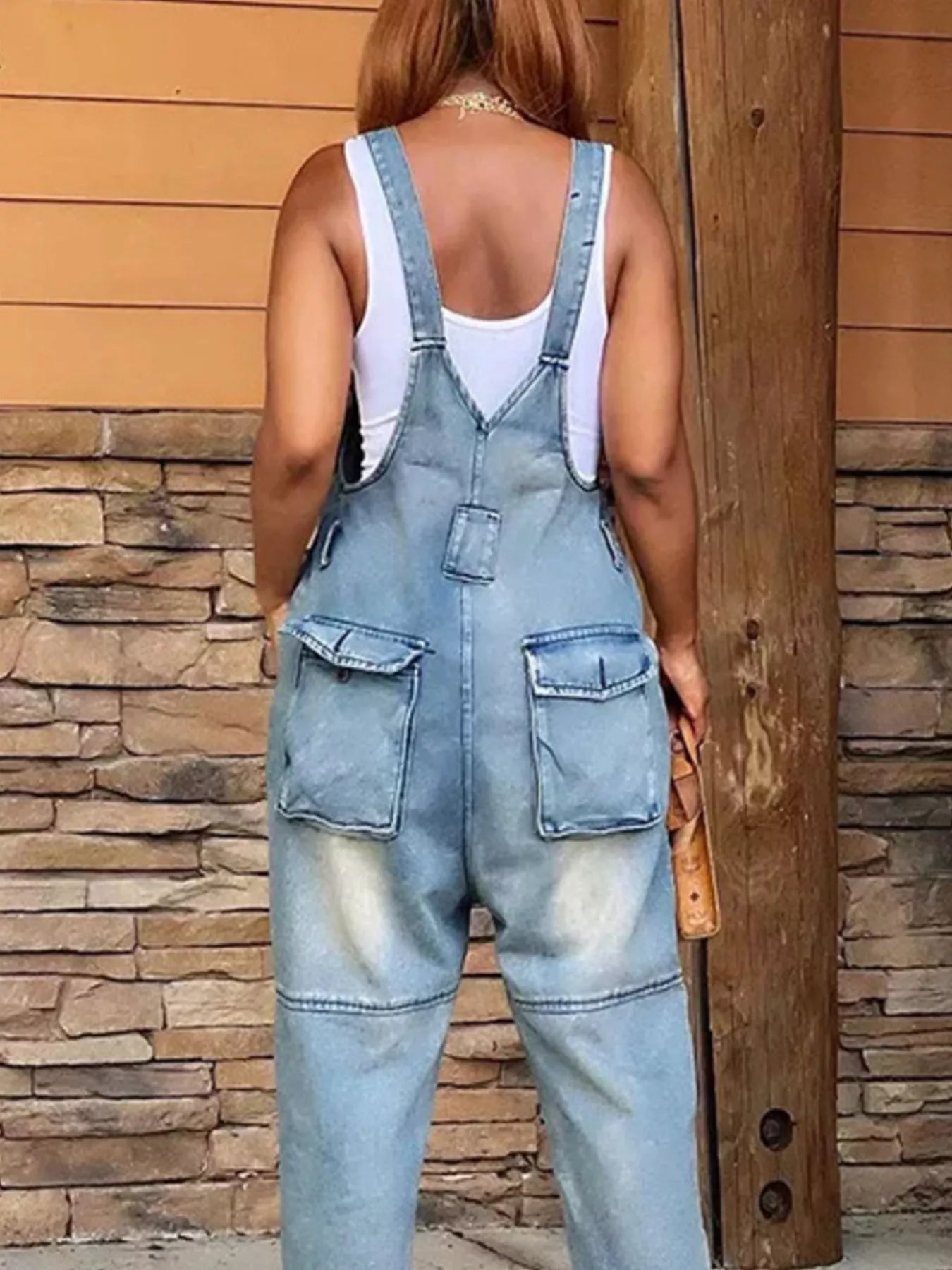 Trendsi denim button front overalls with functional pockets, casual and stylish denim jumpsuit for everyday wear.