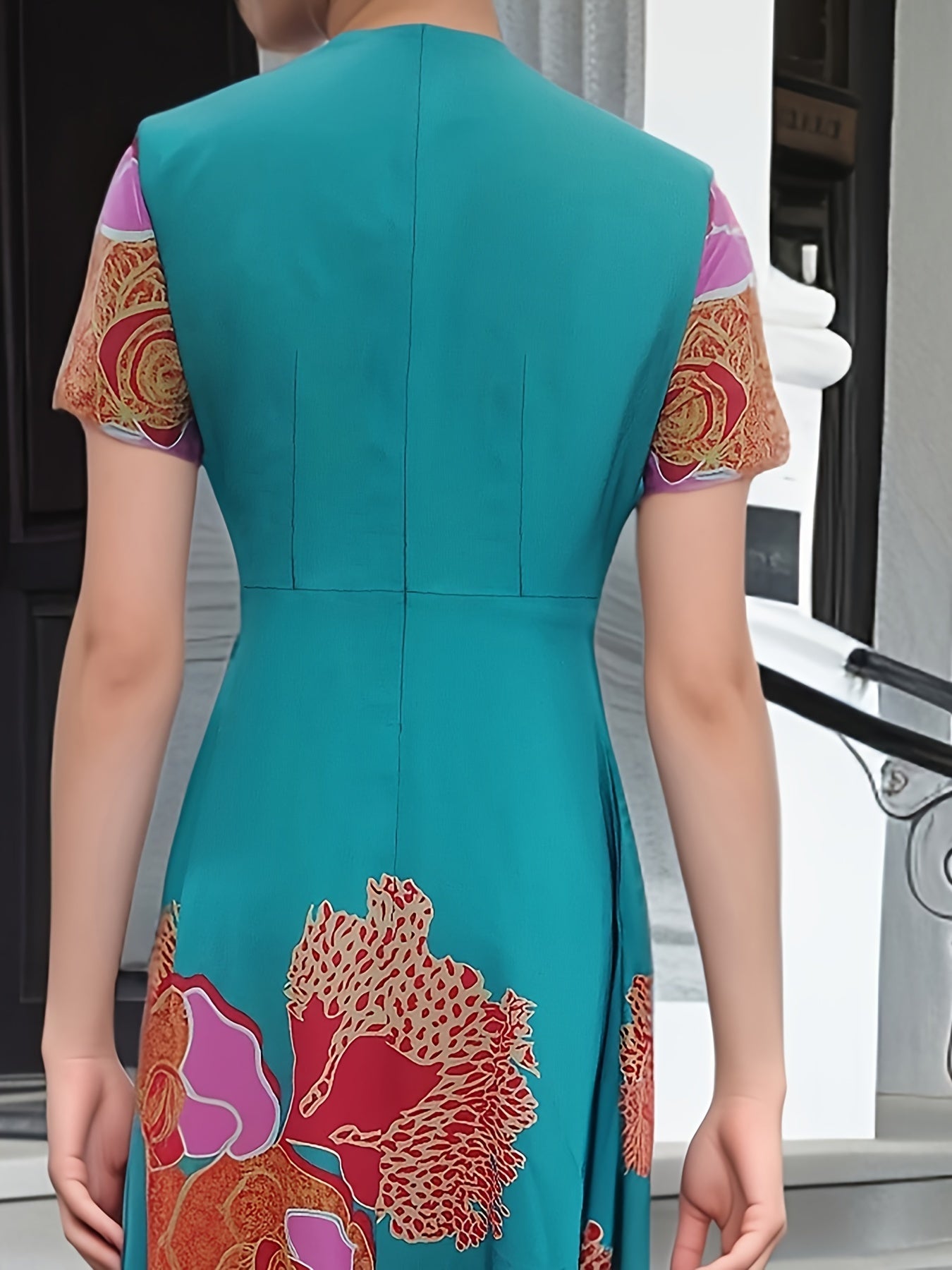 Bright Floral V-Neck Dress – Colorful Summer Midi Dress with Cap Sleeves