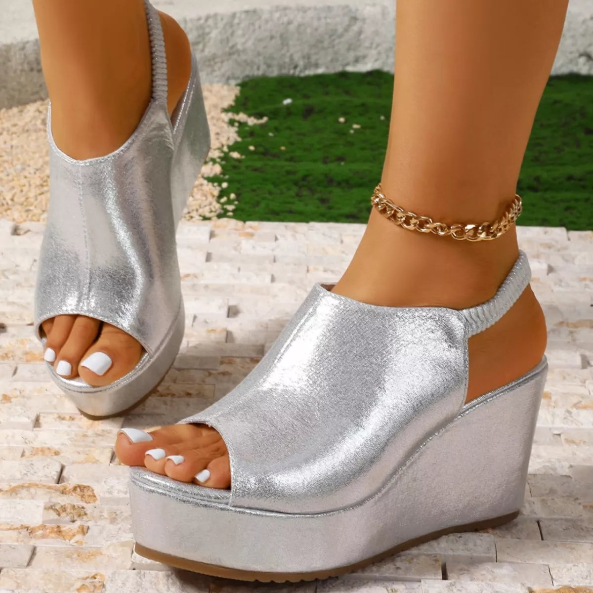 Trendsi peep toe wedge sandals featuring open toe design, chunky heel, and stylish strap details on a neutral background.
