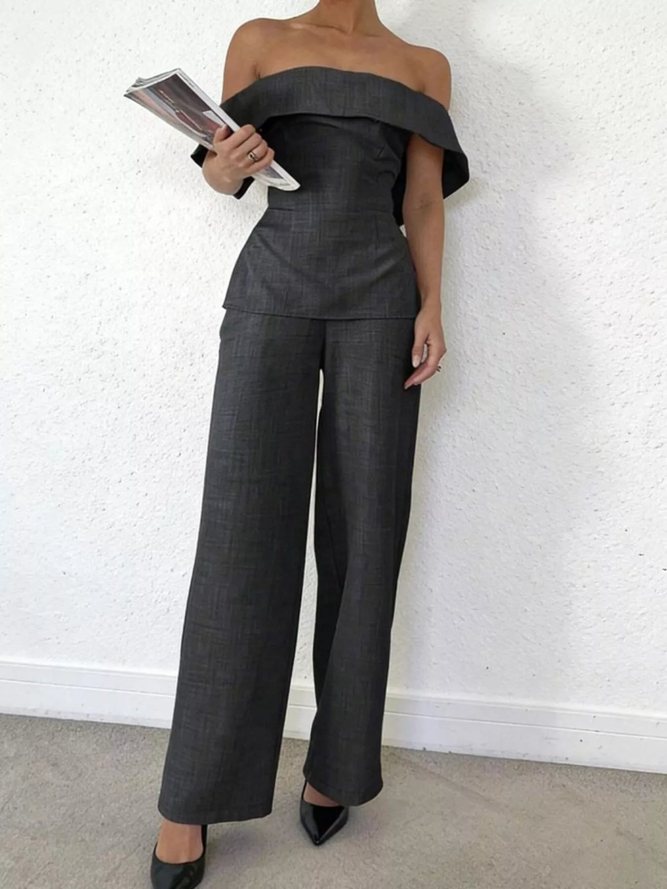 Off-shoulder top and wide-leg pants set by Trendsi, stylish after 5 outfit with light fabric and fashionable design.