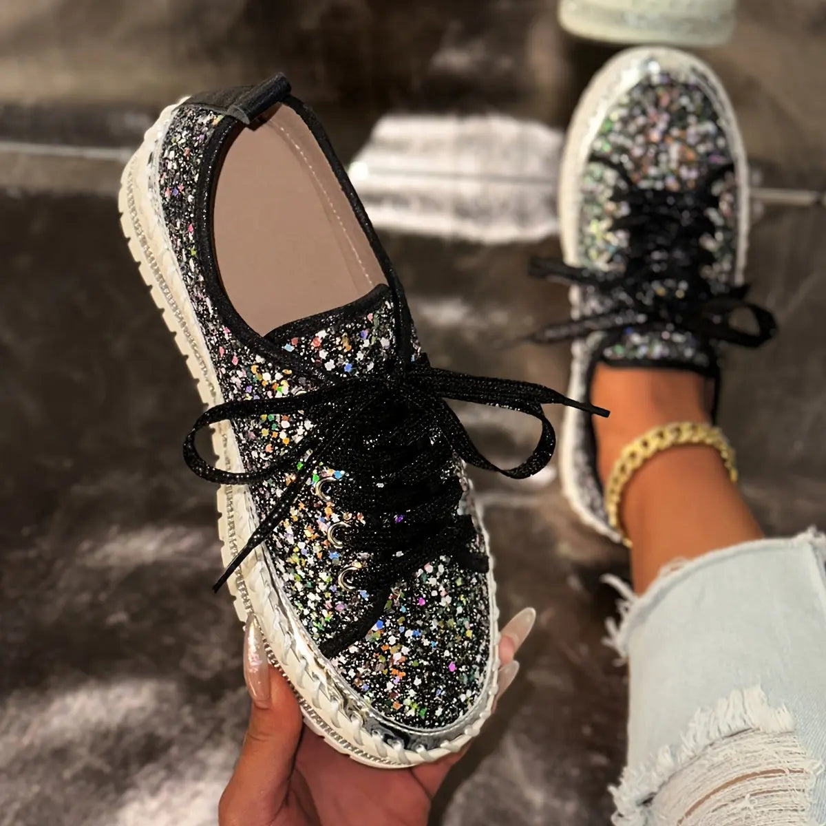 Rhinestone Glitter Low-Top Sneakers Toshe Women's Fashions