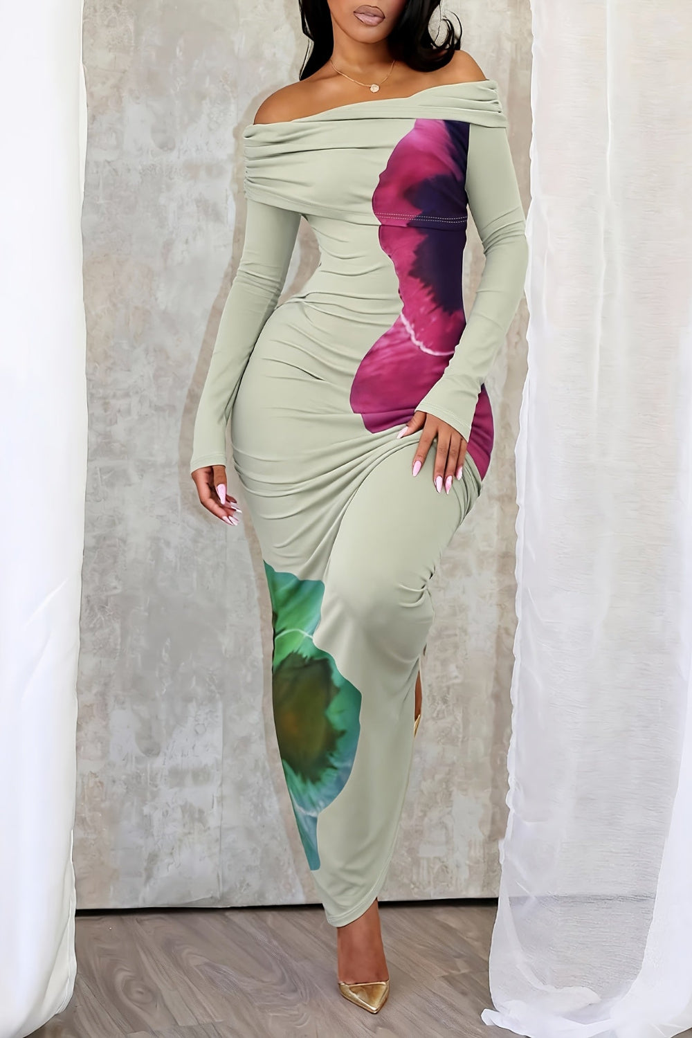 Off Shoulder Floral Print Stretchy Fitted Top & Flowy Skirt