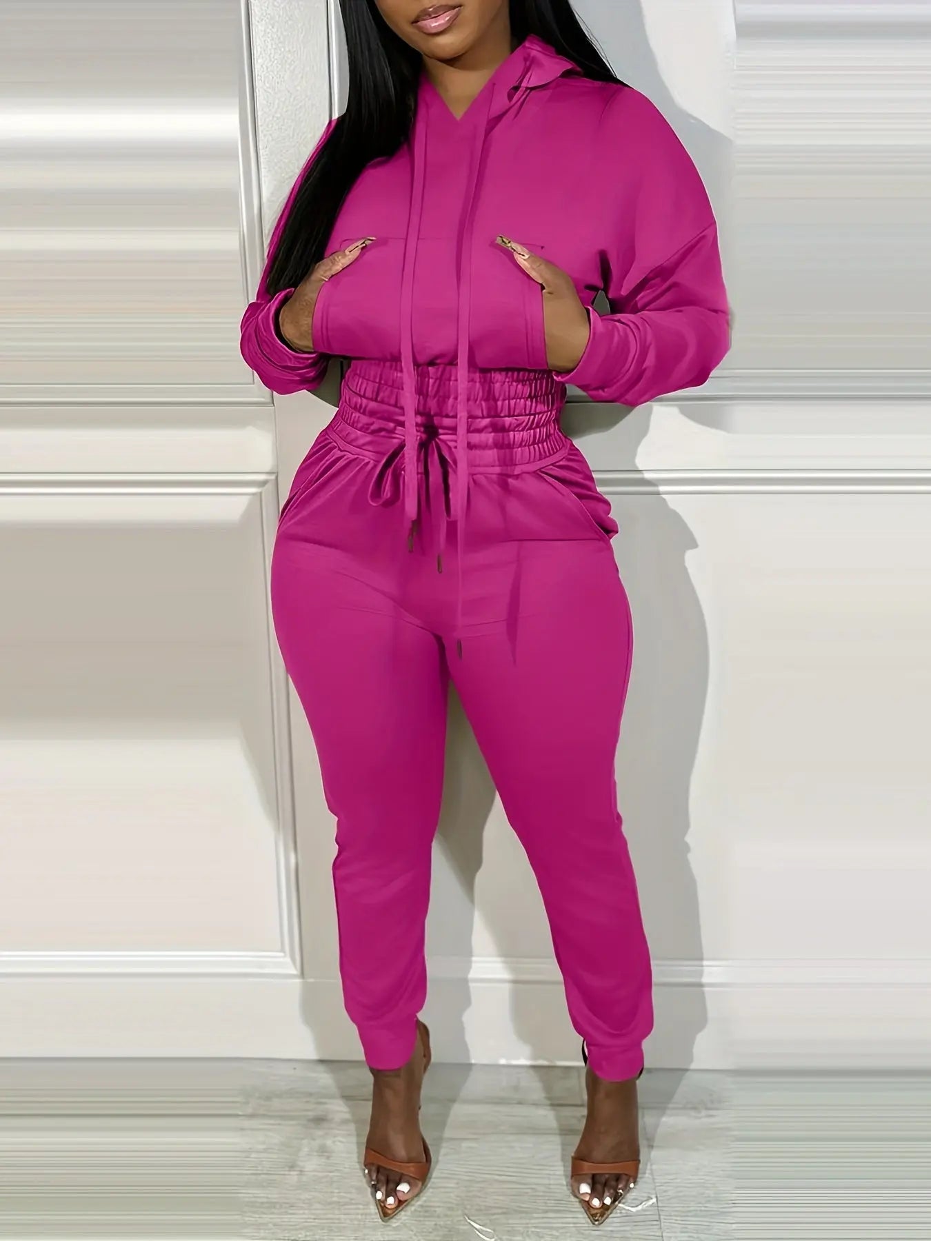 Hooded Crop Top and Shirred Waist Cuffed Jogger Set Toshe Women's Fashions