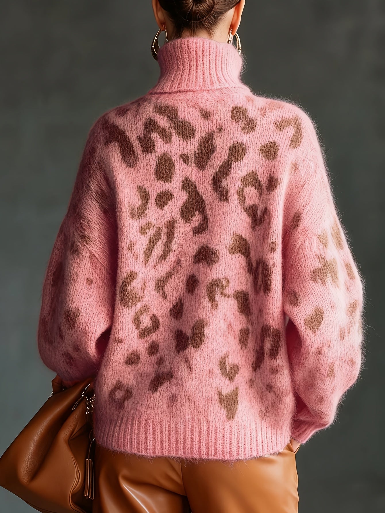 Oversized Leopard Print Turtleneck Sweater