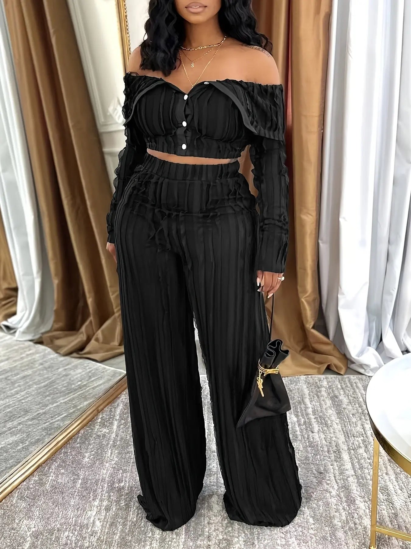 Wave Folded Collar Buttoned Crop Top and Wide Leg Pant Set Toshe Women's Fashions