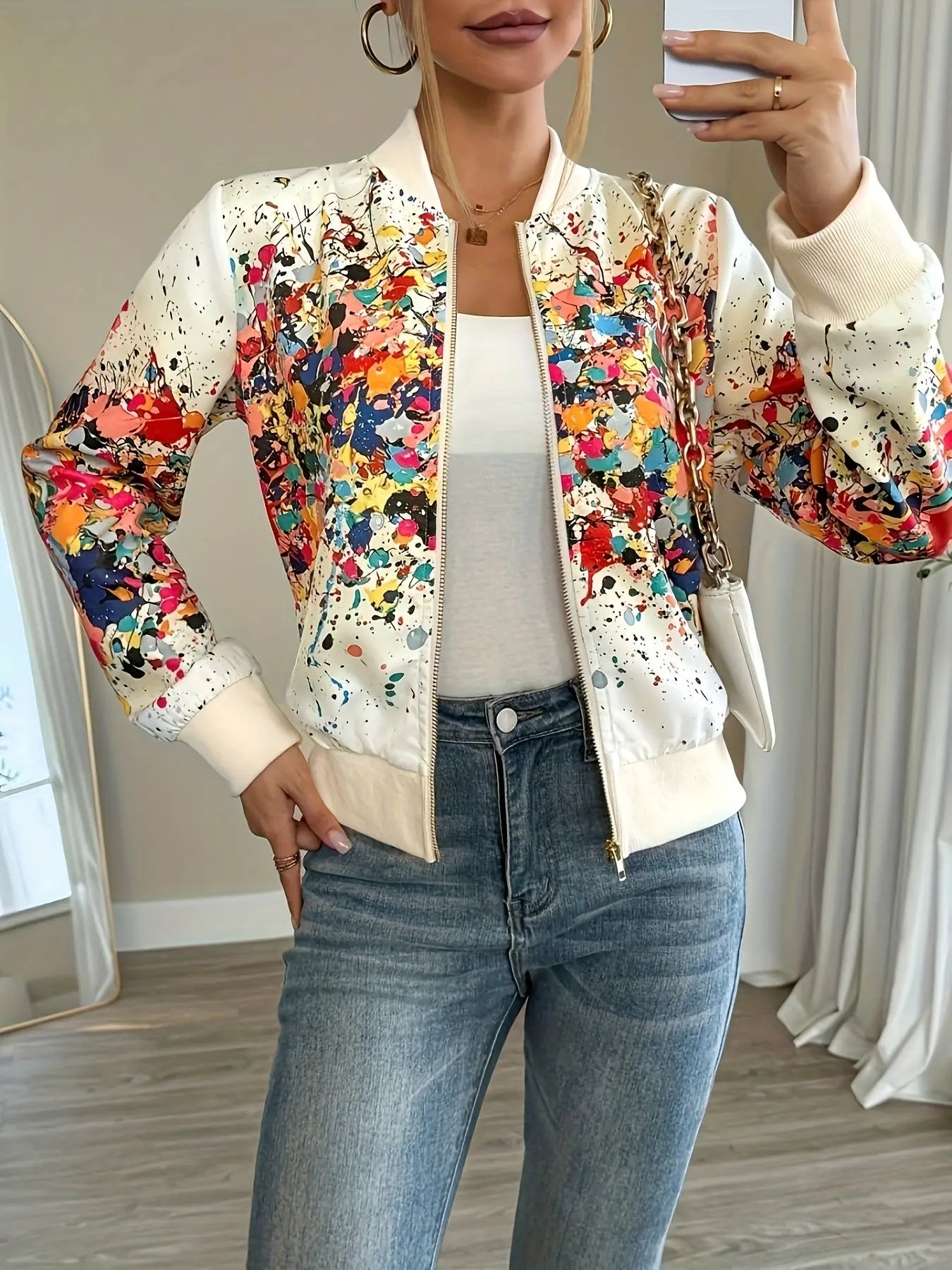 Splash Paint Print Zipper Jacket Toshe Women's Fashions