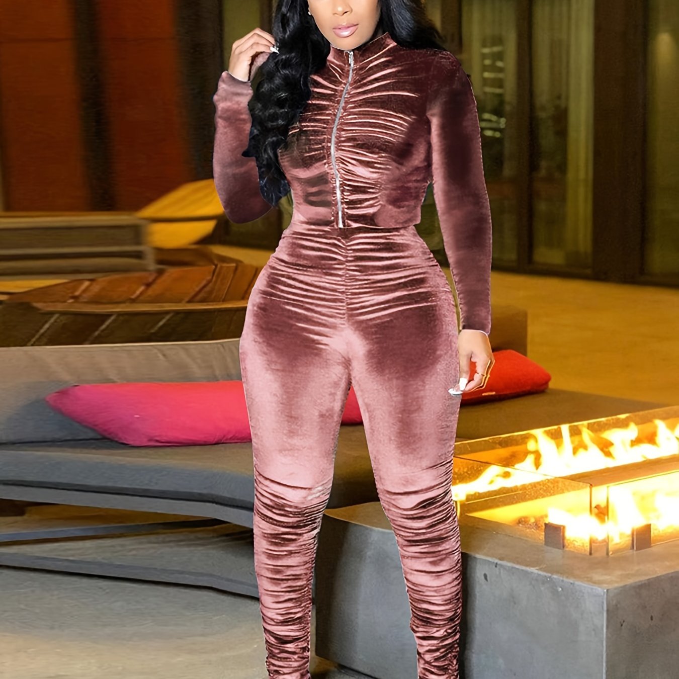 Cropped Zipper Jacket & Fleece Pants Lounge Set